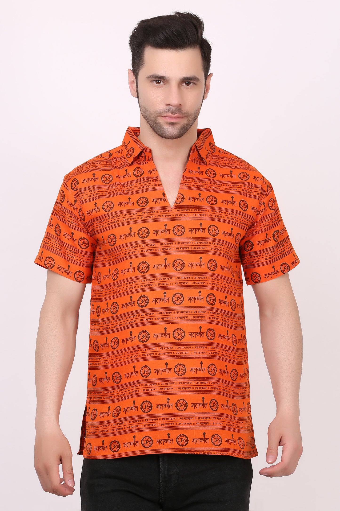 AXOLOTL Premium Lord Mahakaal Religious Print Cotton Blend Men Short Kurta