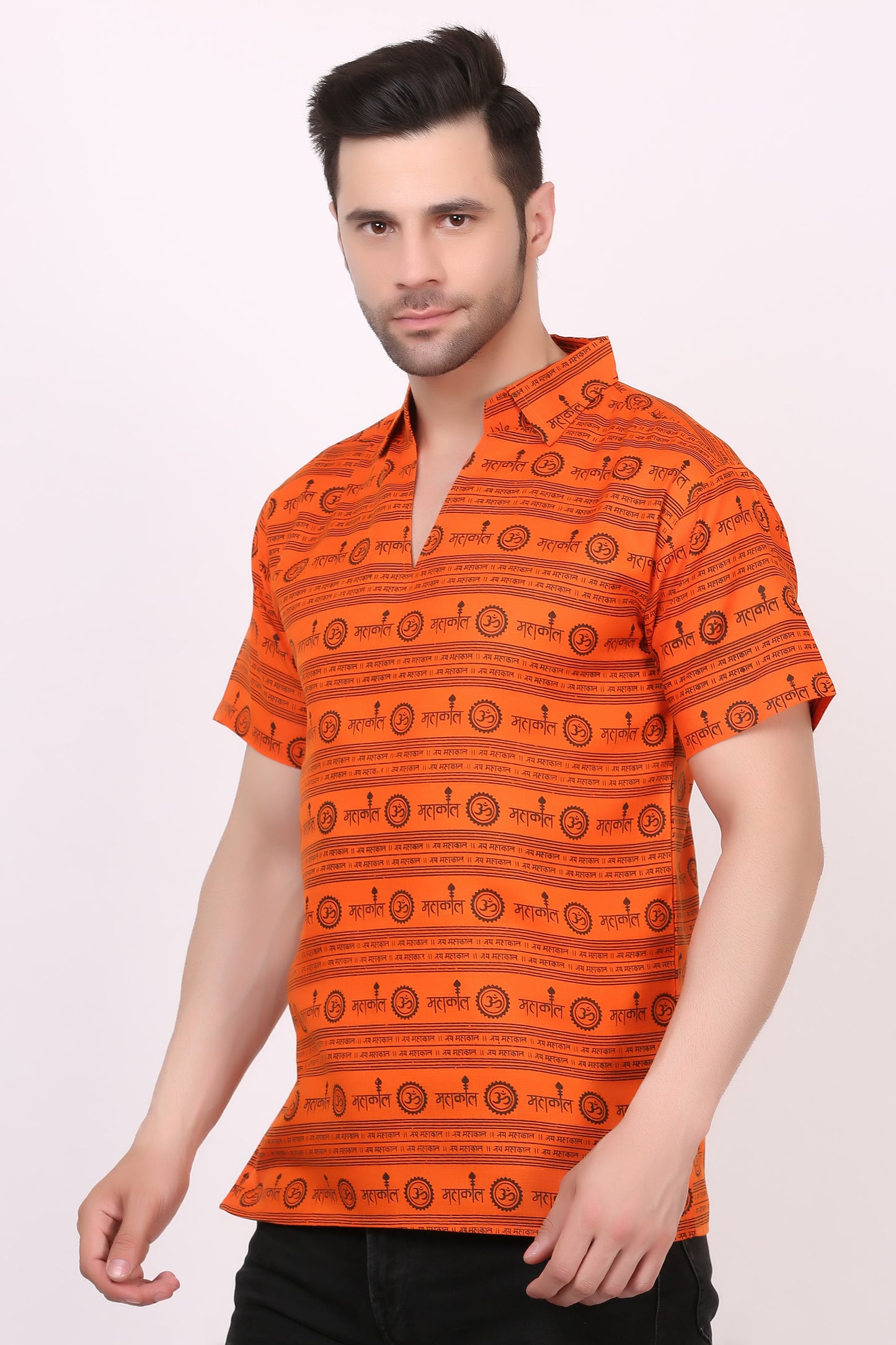 AXOLOTL Premium Lord Mahakaal Religious Print Cotton Blend Men Short Kurta