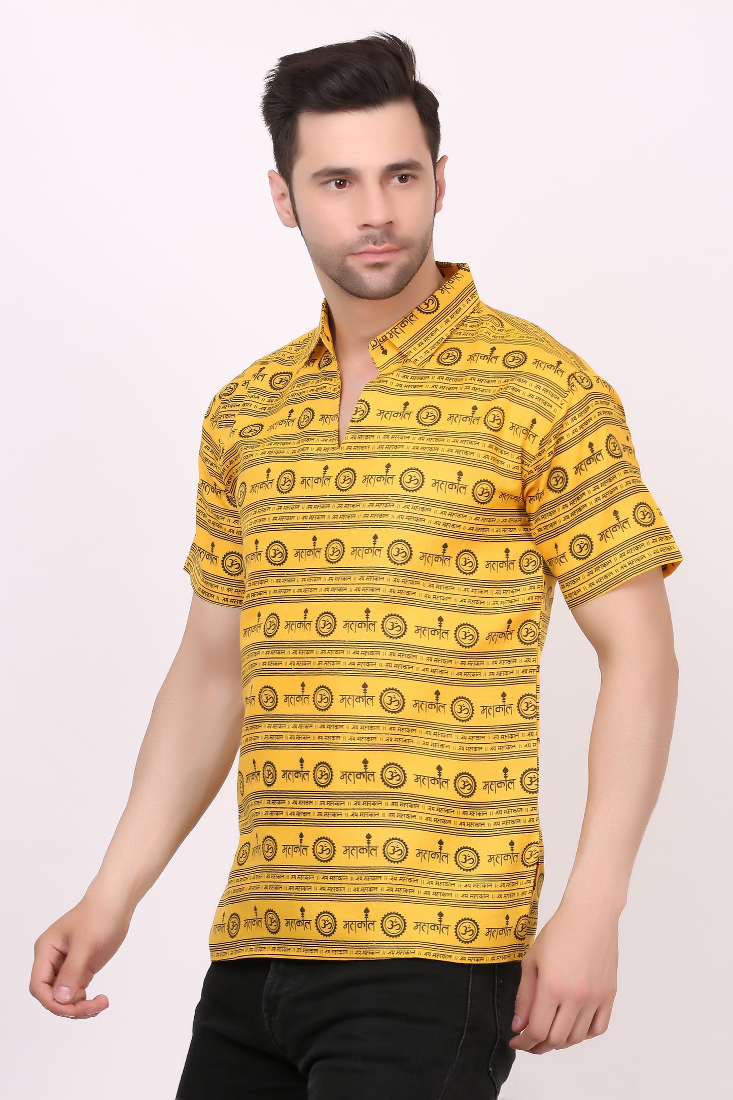 AXOLOTL Premium Lord Mahakaal Religious Print Cotton Blend Men Short Kurta