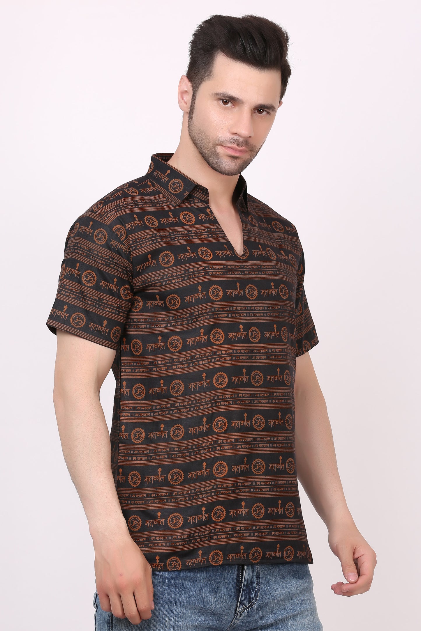 AXOLOTL Premium Lord Mahakaal Religious Print Cotton Blend Men Short Kurta