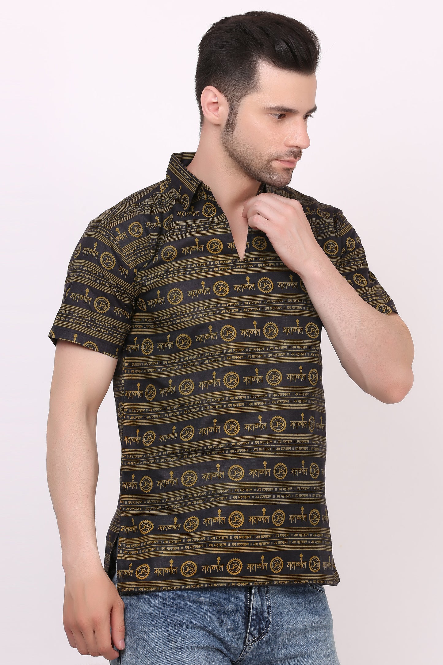 AXOLOTL Premium Lord Mahakaal Religious Print Cotton Blend Men Short Kurta