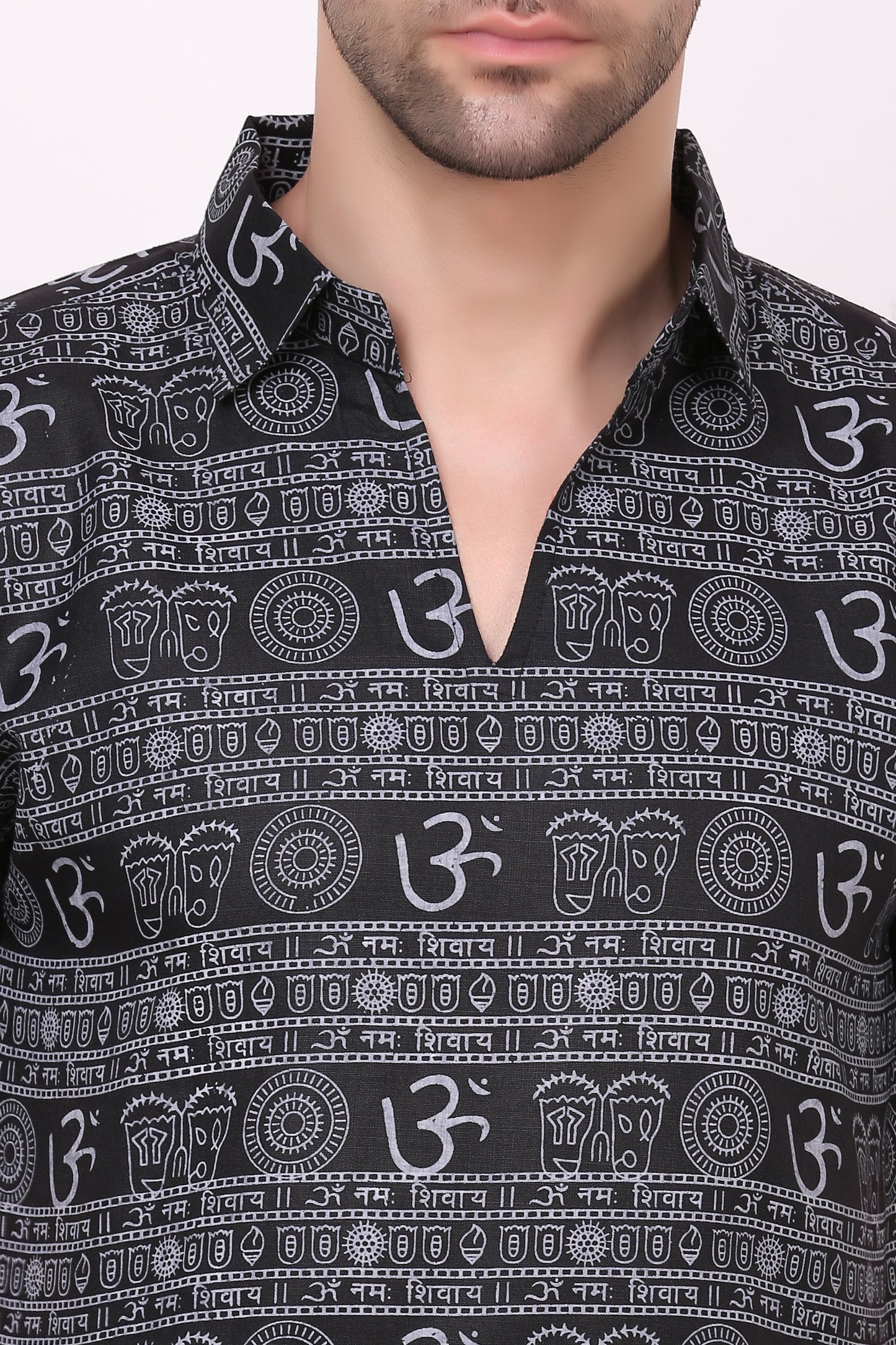 AXOLOTL Premium Om Mantra Religious Print Cotton Blend Men Short Kurta