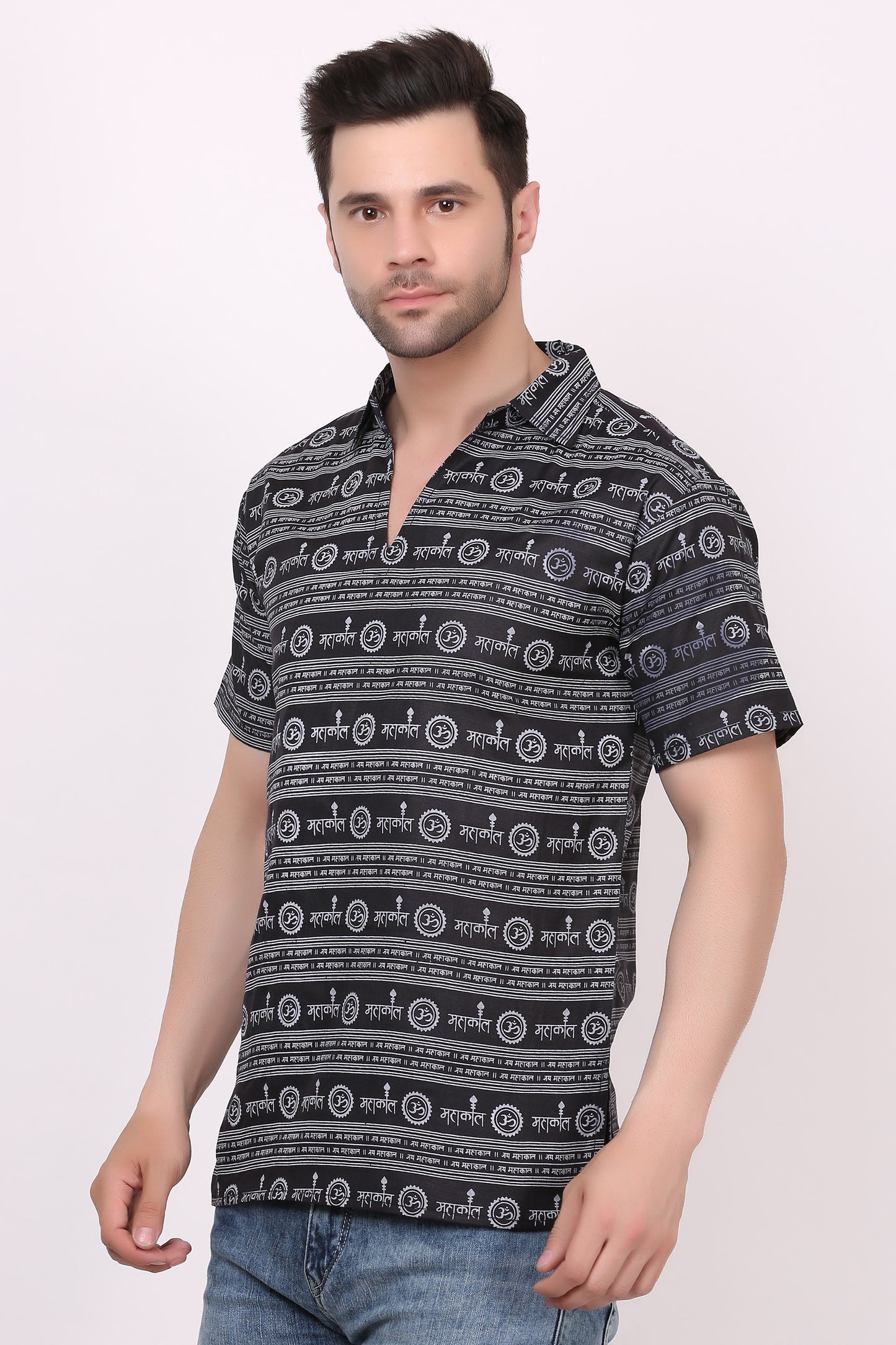 AXOLOTL Premium Lord Mahakaal Religious Print Cotton Blend Men Short Kurta