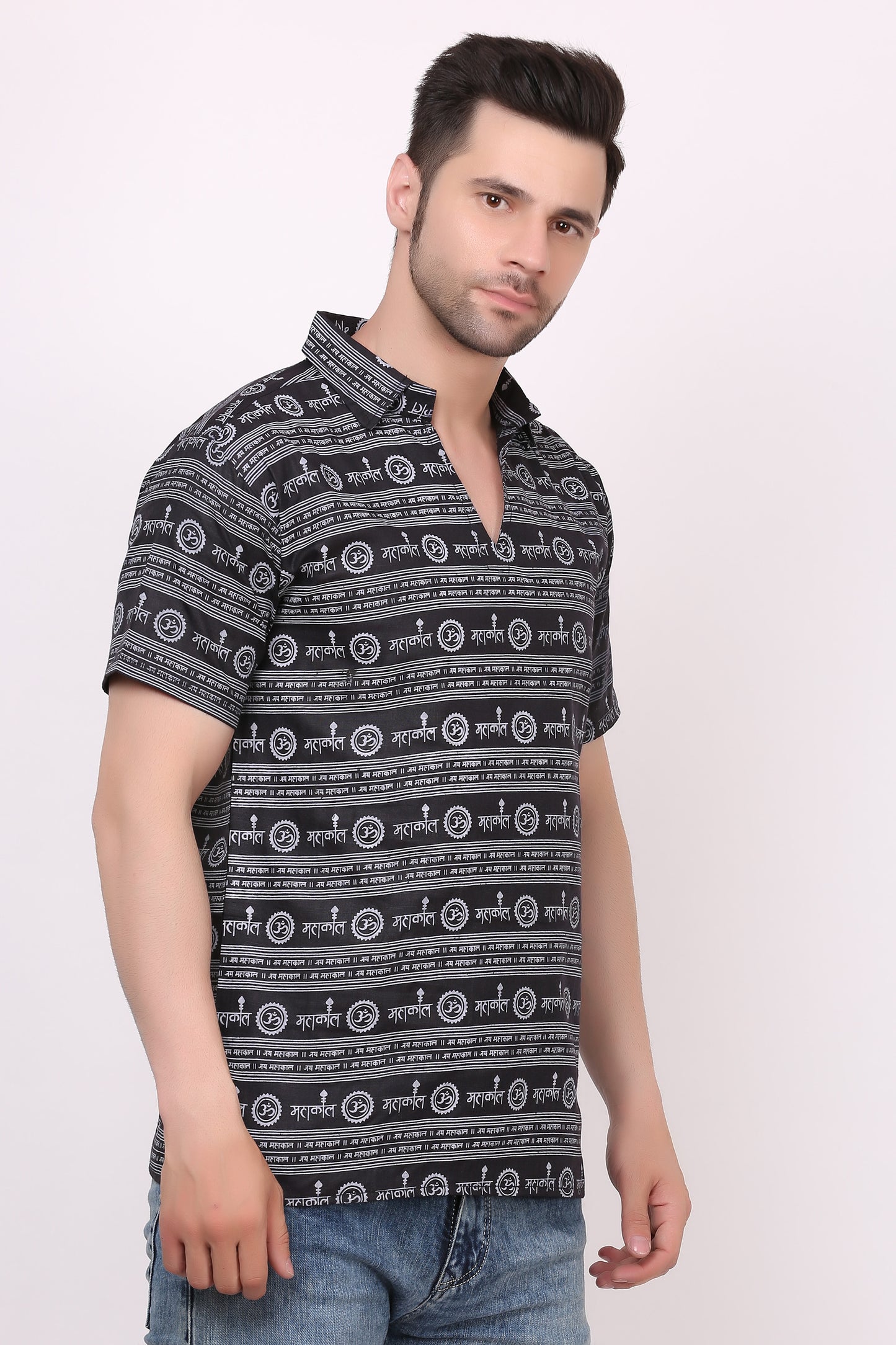 AXOLOTL Premium Lord Mahakaal Religious Print Cotton Blend Men Short Kurta