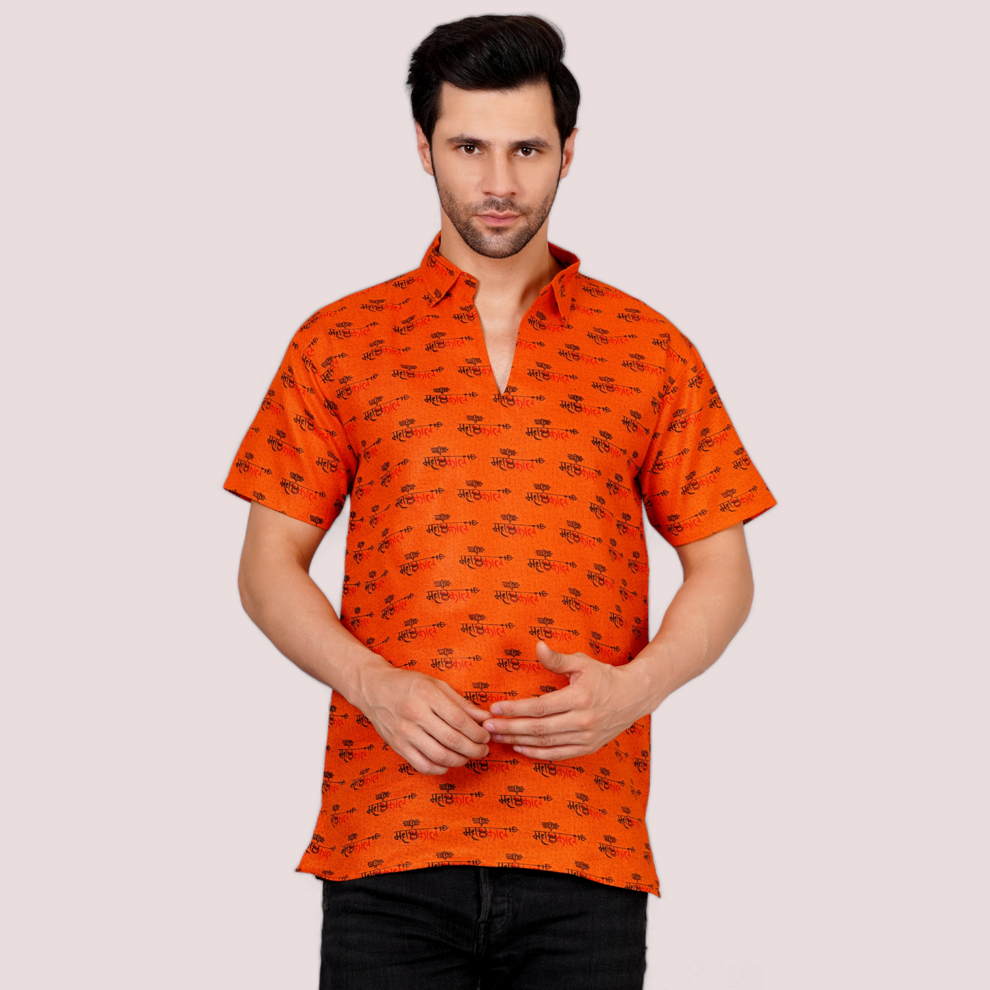 AXOLOTL Premium Lord Mahakaal Printed Cotton Blend Men Short Kurta