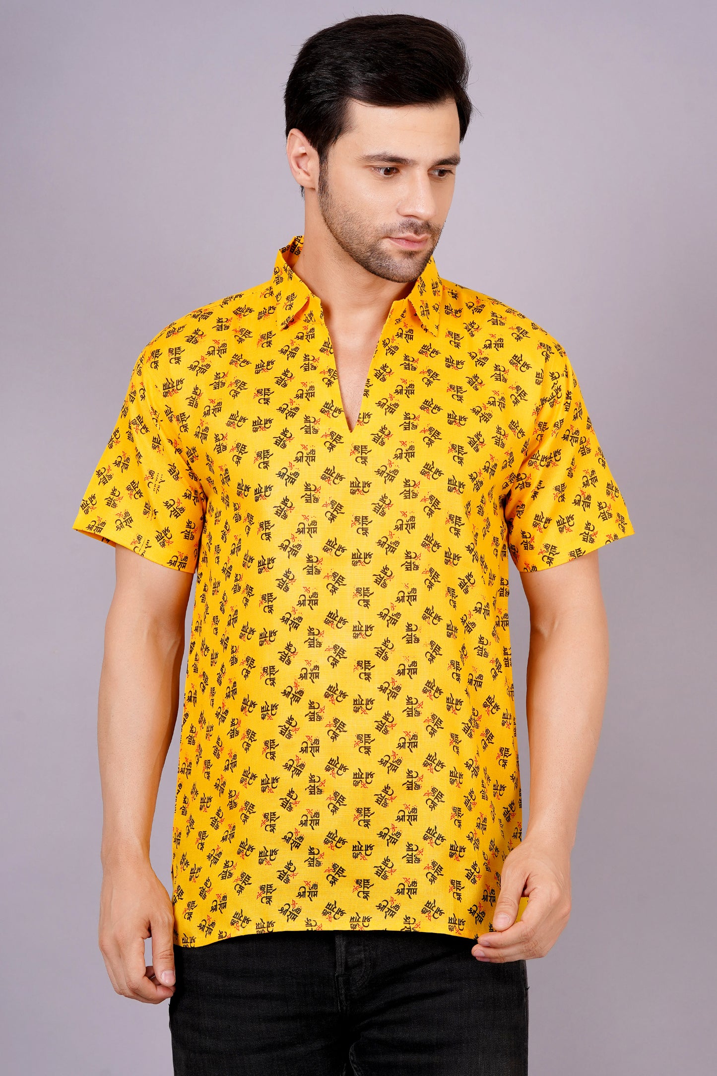 AXOLOTL Premium Jay Shree Ram Printed Cotton Blend Men Short Kurta