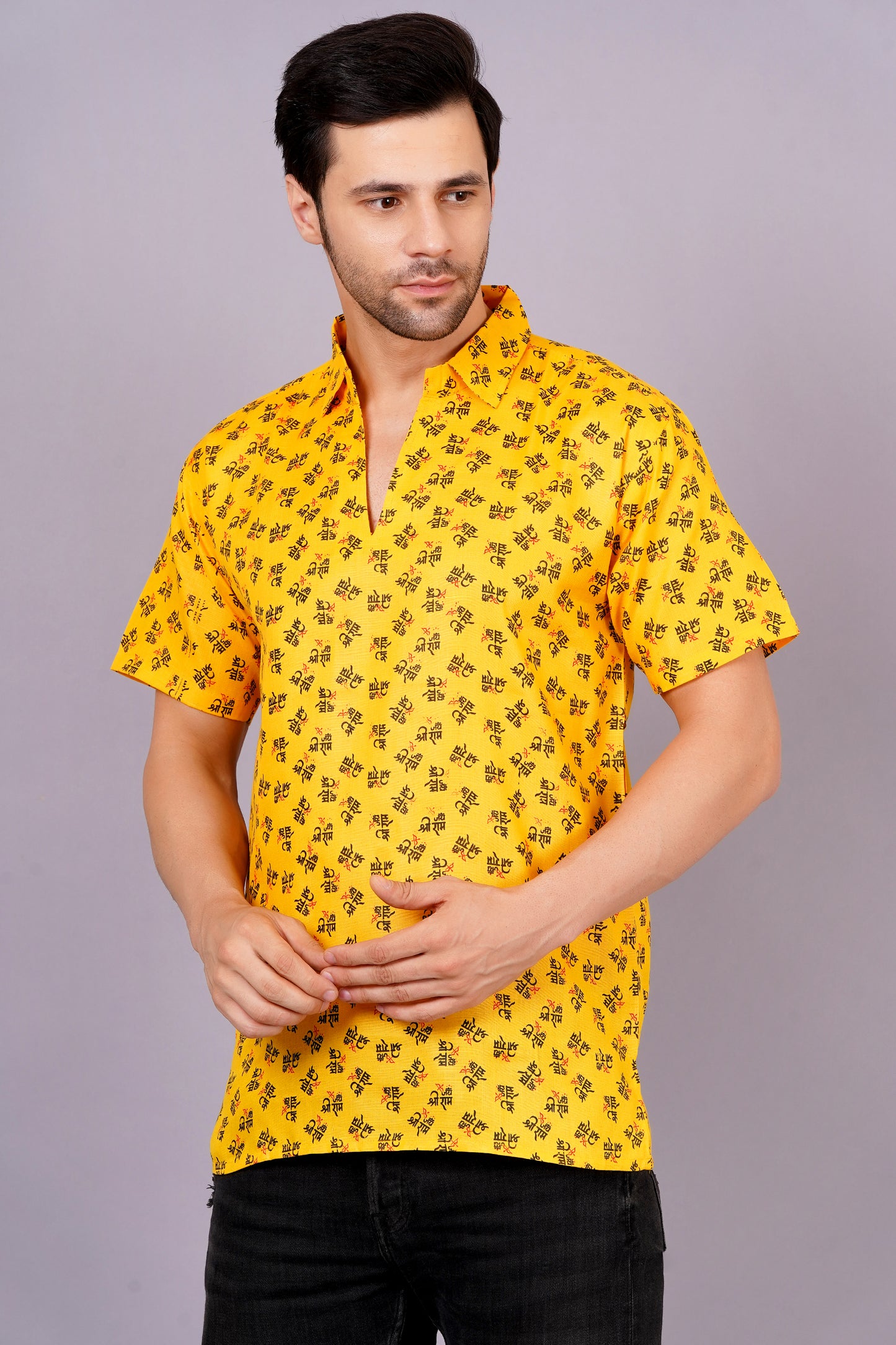 AXOLOTL Premium Jay Shree Ram Printed Cotton Blend Men Short Kurta