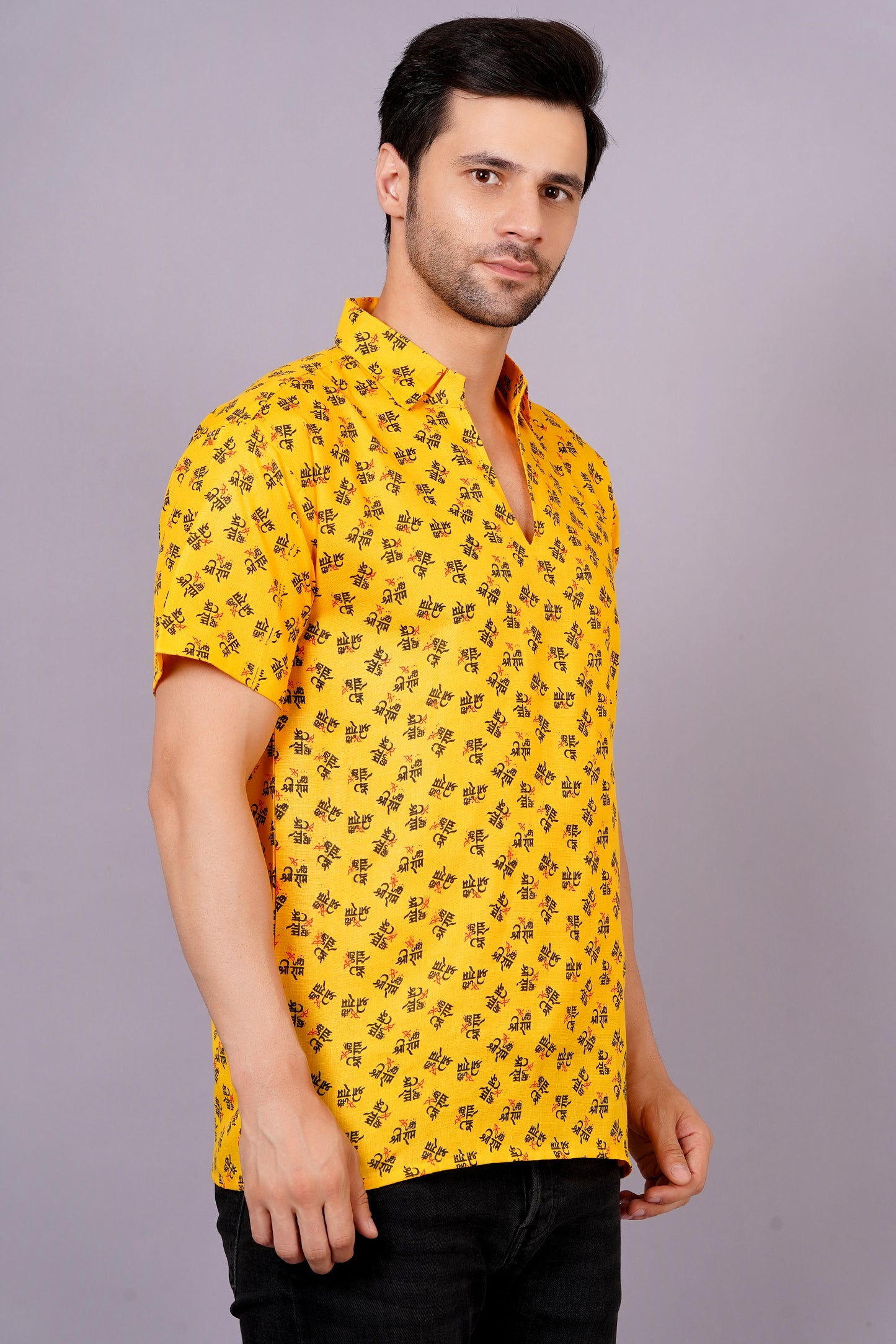 AXOLOTL Premium Jay Shree Ram Printed Cotton Blend Men Short Kurta