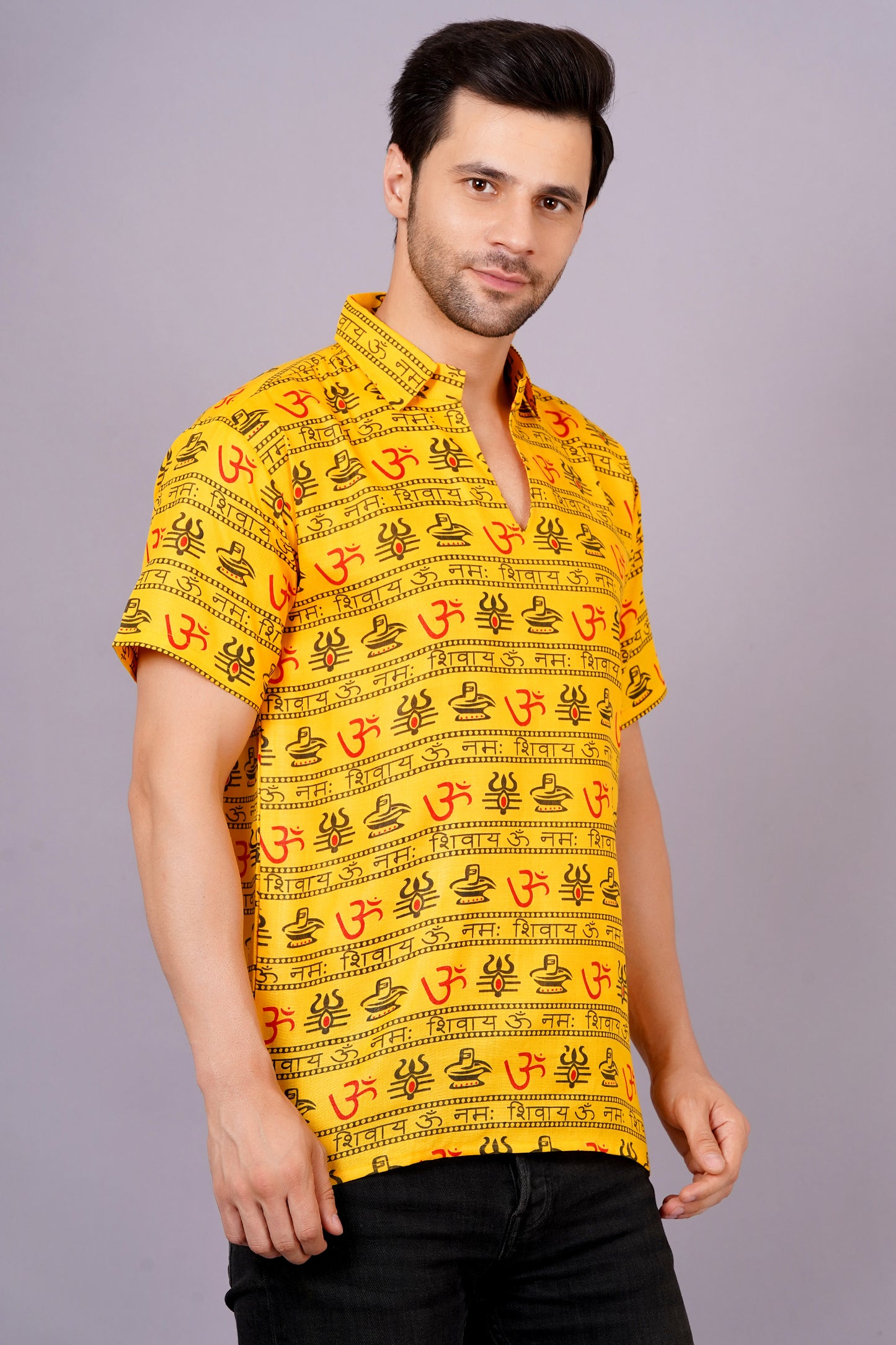 AXOLOTL Premium OmMantra Religious Print Cotton Blend Men Short Kurta