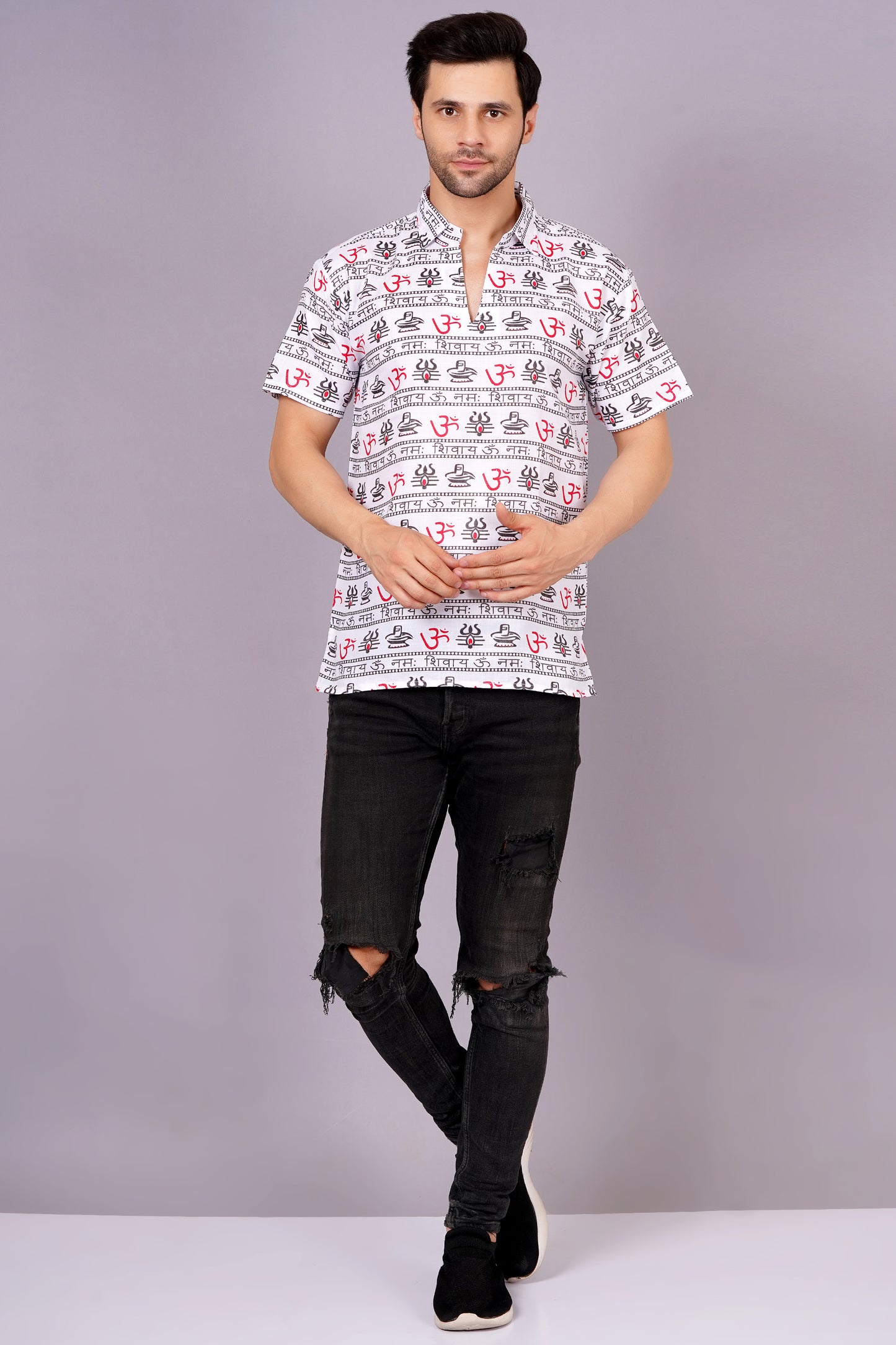 AXOLOTL Premium OmMantra Religious Print Cotton Blend Men Short Kurta