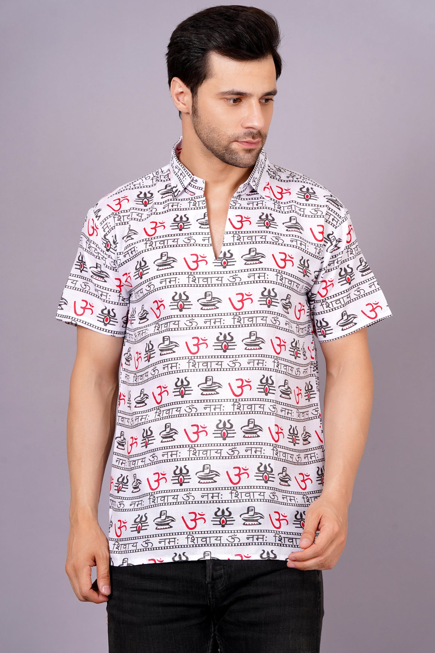 AXOLOTL Premium OmMantra Religious Print Cotton Blend Men Short Kurta