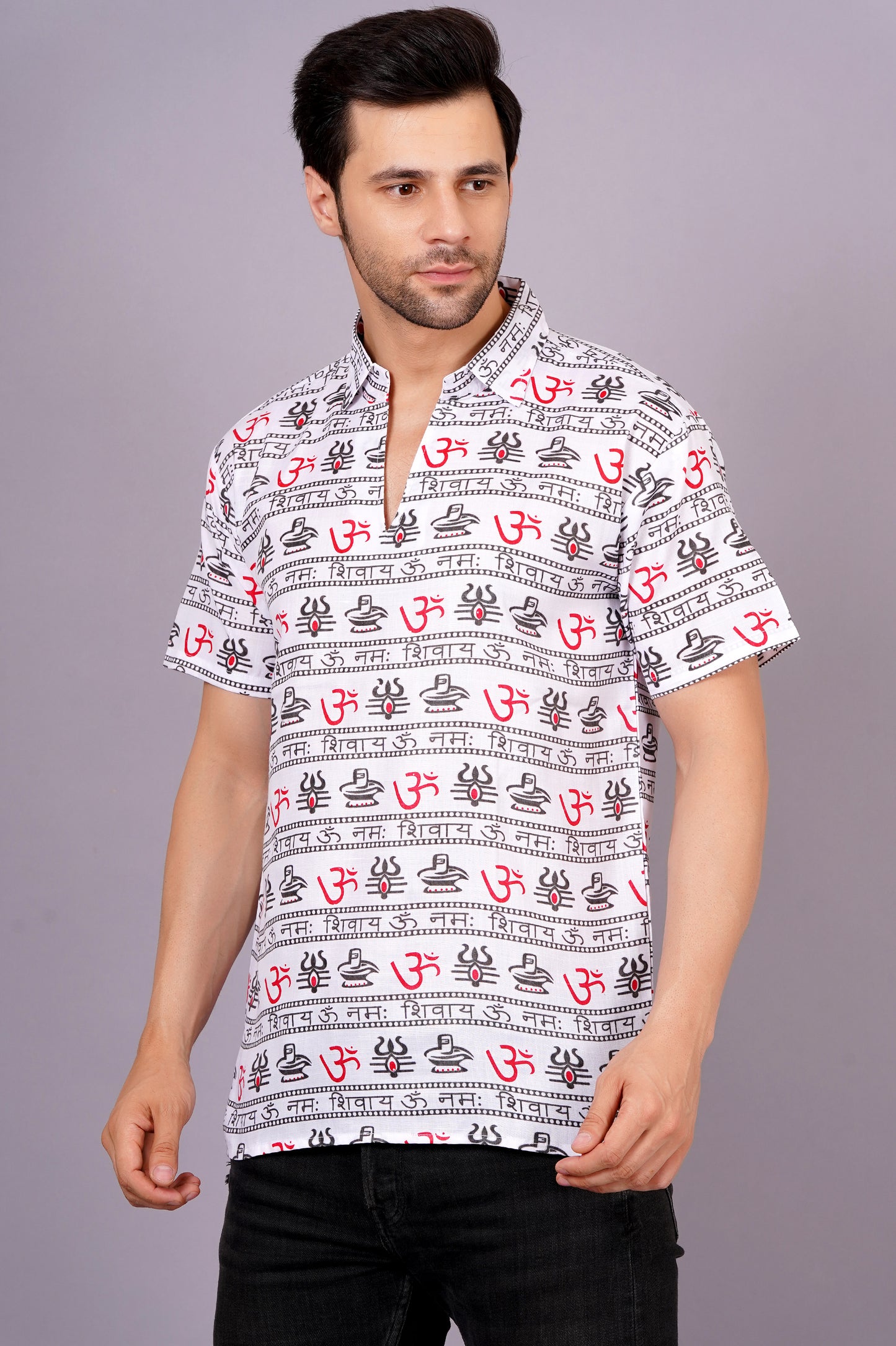 AXOLOTL Premium OmMantra Religious Print Cotton Blend Men Short Kurta