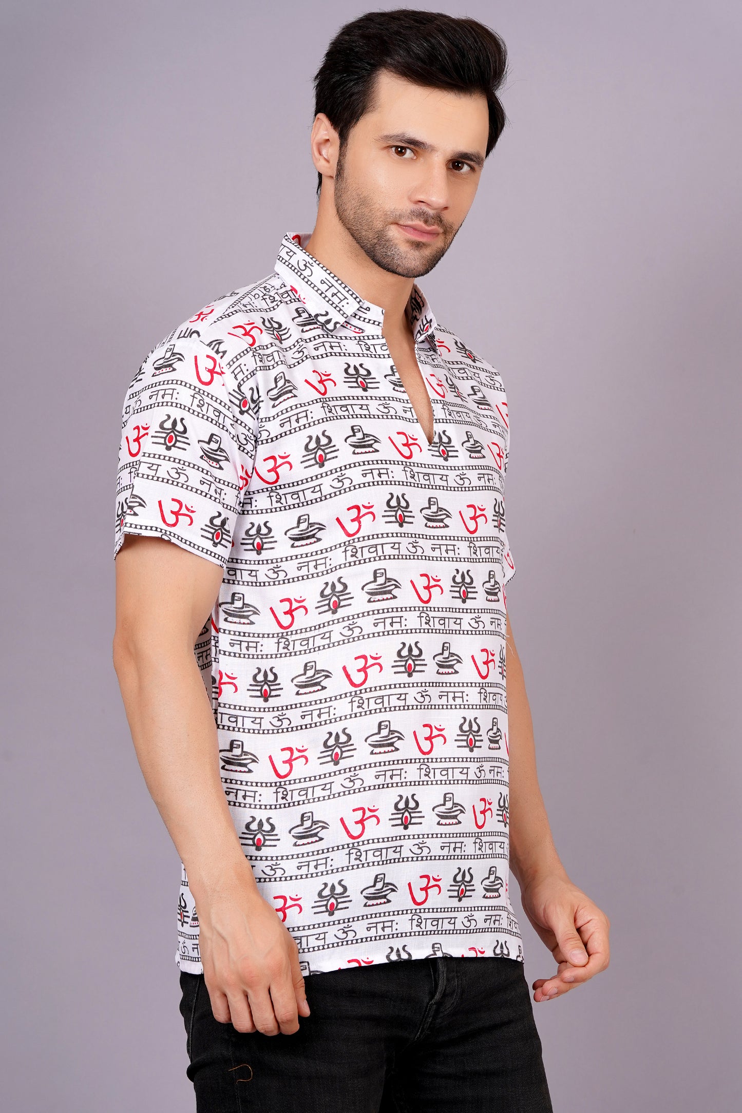 AXOLOTL Premium OmMantra Religious Print Cotton Blend Men Short Kurta