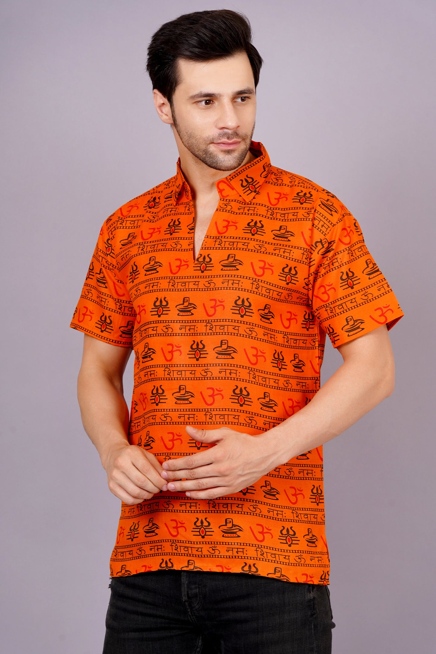 AXOLOTL Premium OmMantra Religious Print Cotton Blend Men Short Kurta