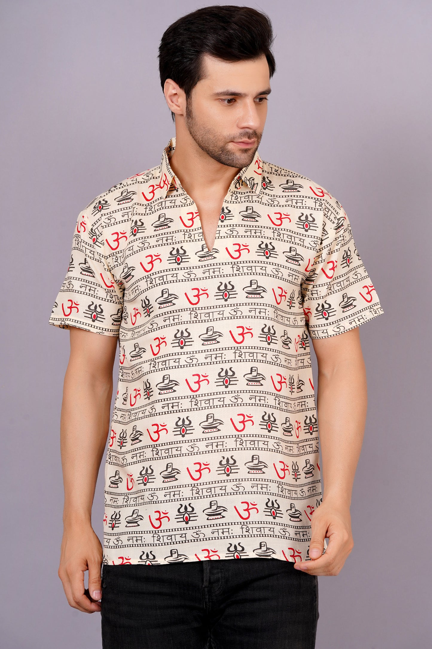 AXOLOTL Premium OmMantra Religious Print Cotton Blend Men Short Kurta