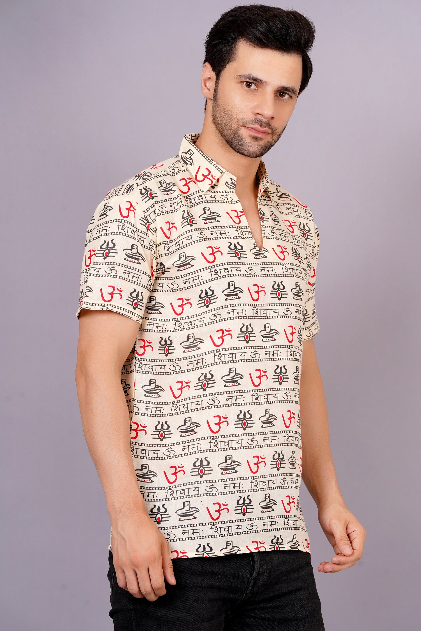 AXOLOTL Premium OmMantra Religious Print Cotton Blend Men Short Kurta