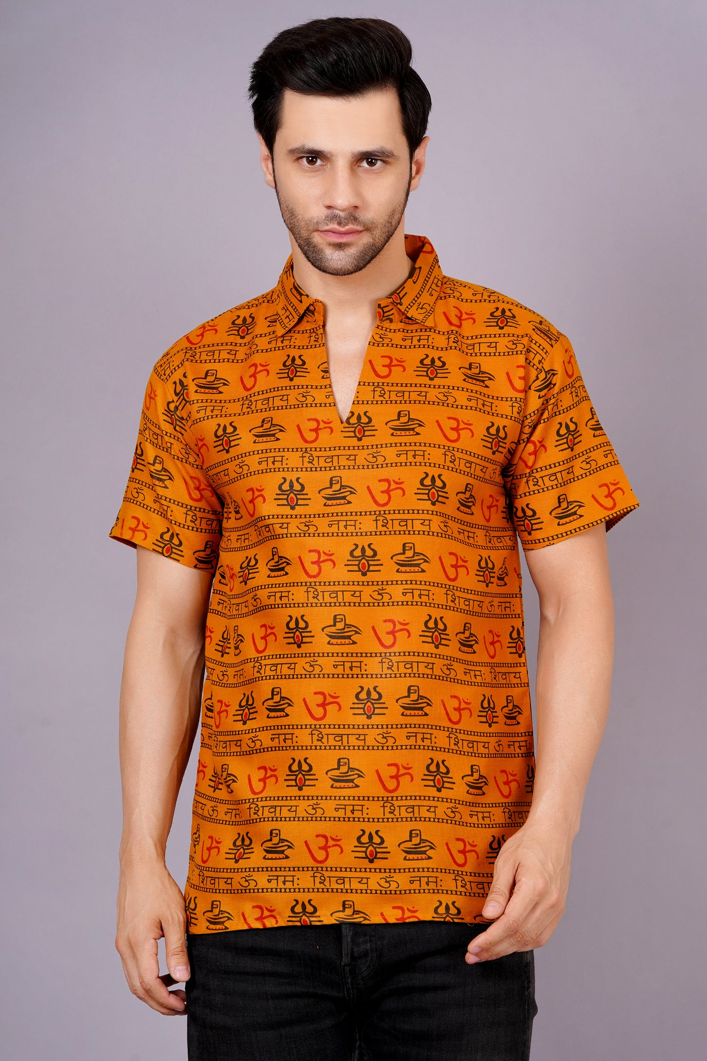 AXOLOTL Premium OmMantra Religious Print Cotton Blend Men Short Kurta