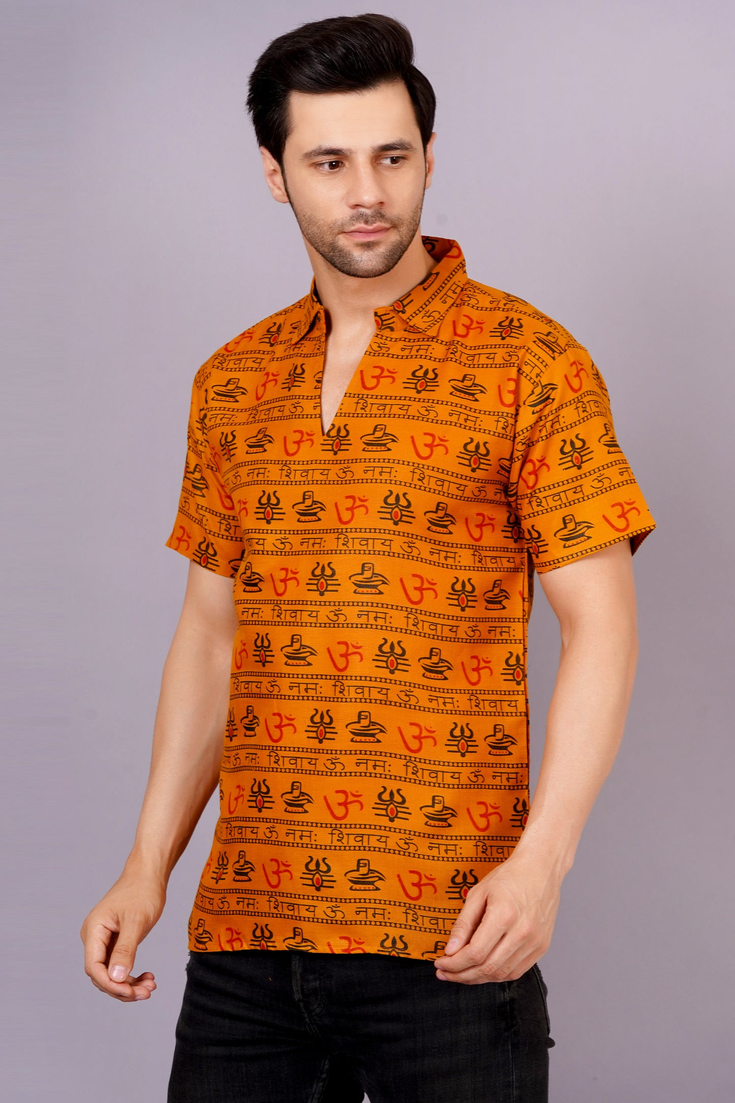 AXOLOTL Premium OmMantra Religious Print Cotton Blend Men Short Kurta