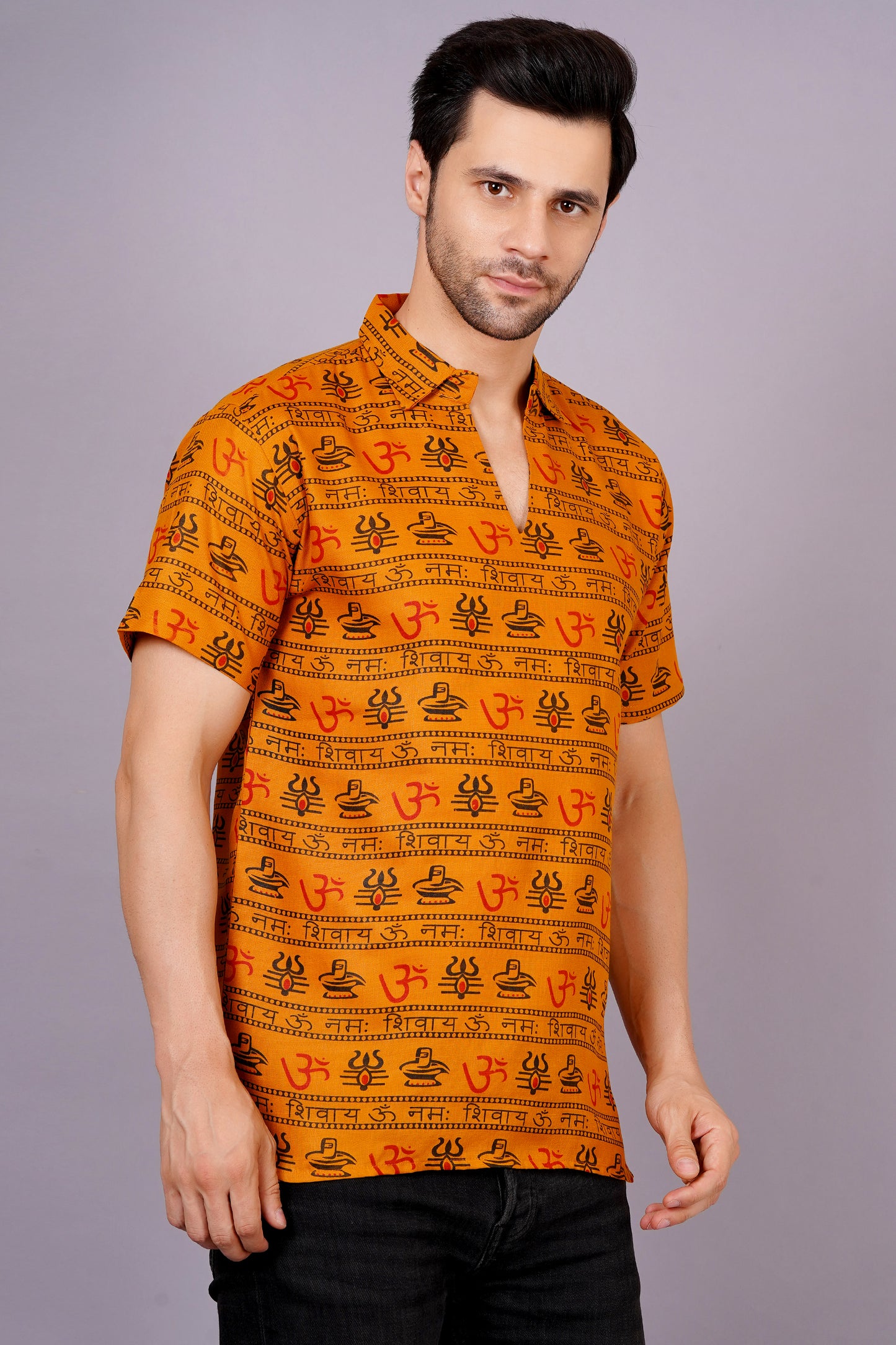 AXOLOTL Premium OmMantra Religious Print Cotton Blend Men Short Kurta