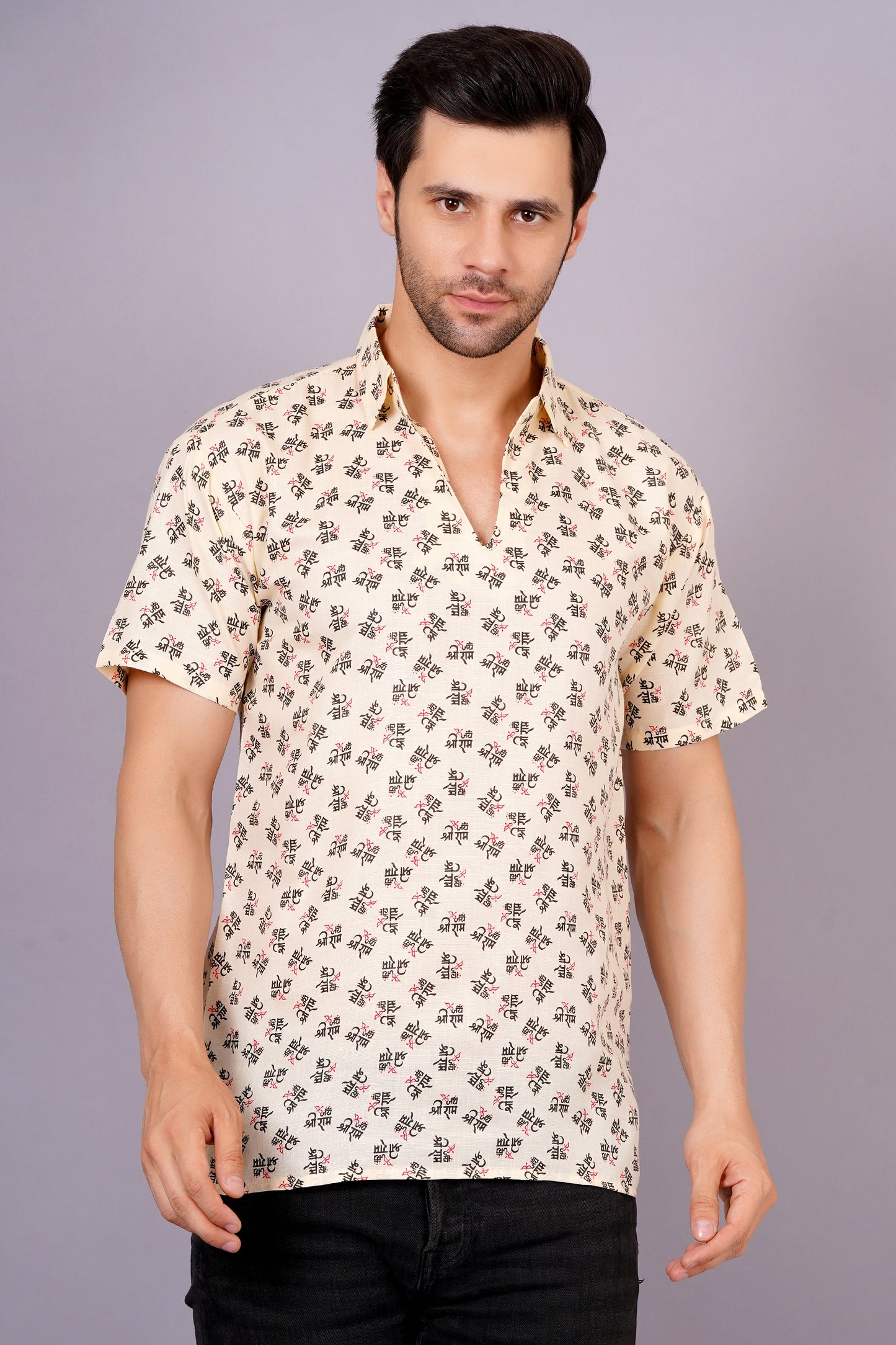 AXOLOTL Premium Jay Shree Ram Printed Cotton Blend Men Short Kurta