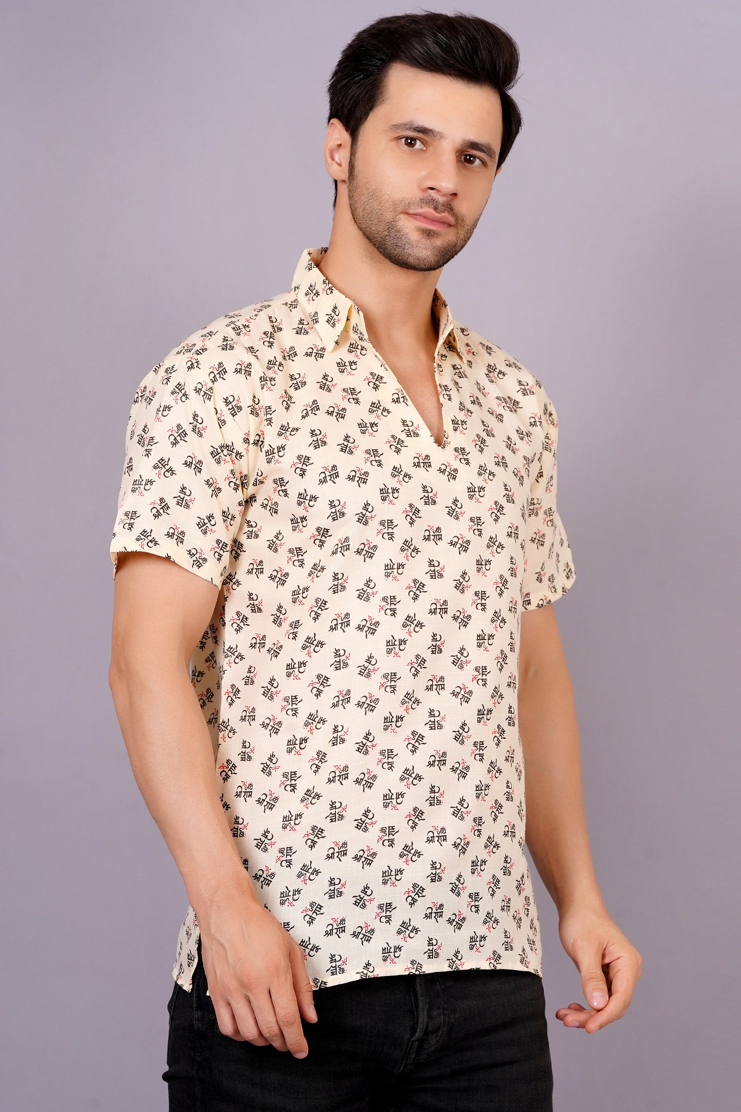 AXOLOTL Premium Jay Shree Ram Printed Cotton Blend Men Short Kurta