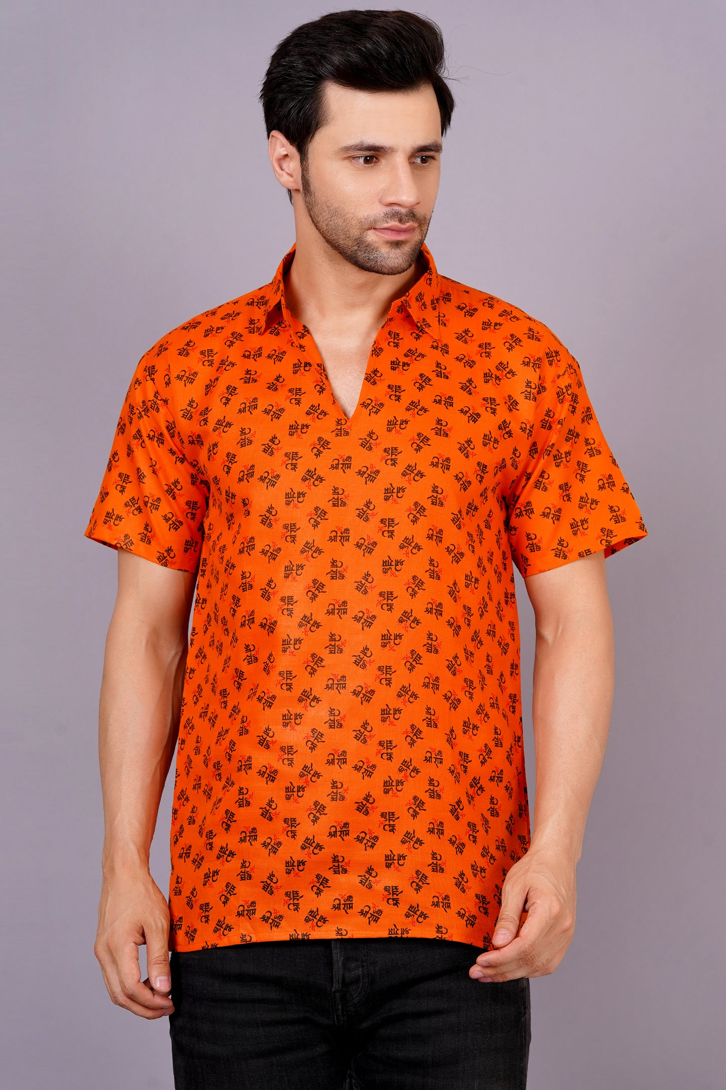 AXOLOTL Premium Jay Shree Ram Printed Cotton Blend Men Short Kurta