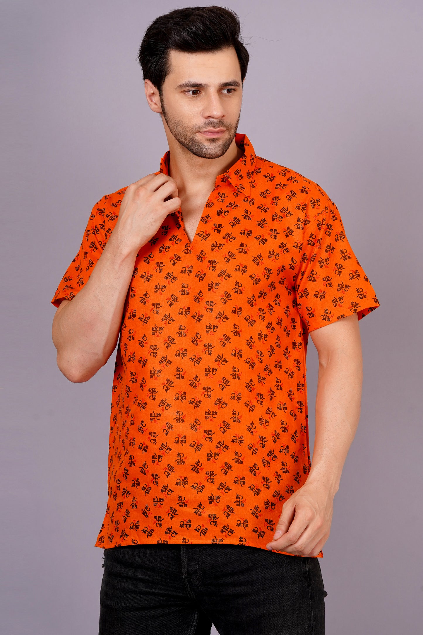 AXOLOTL Premium Jay Shree Ram Printed Cotton Blend Men Short Kurta