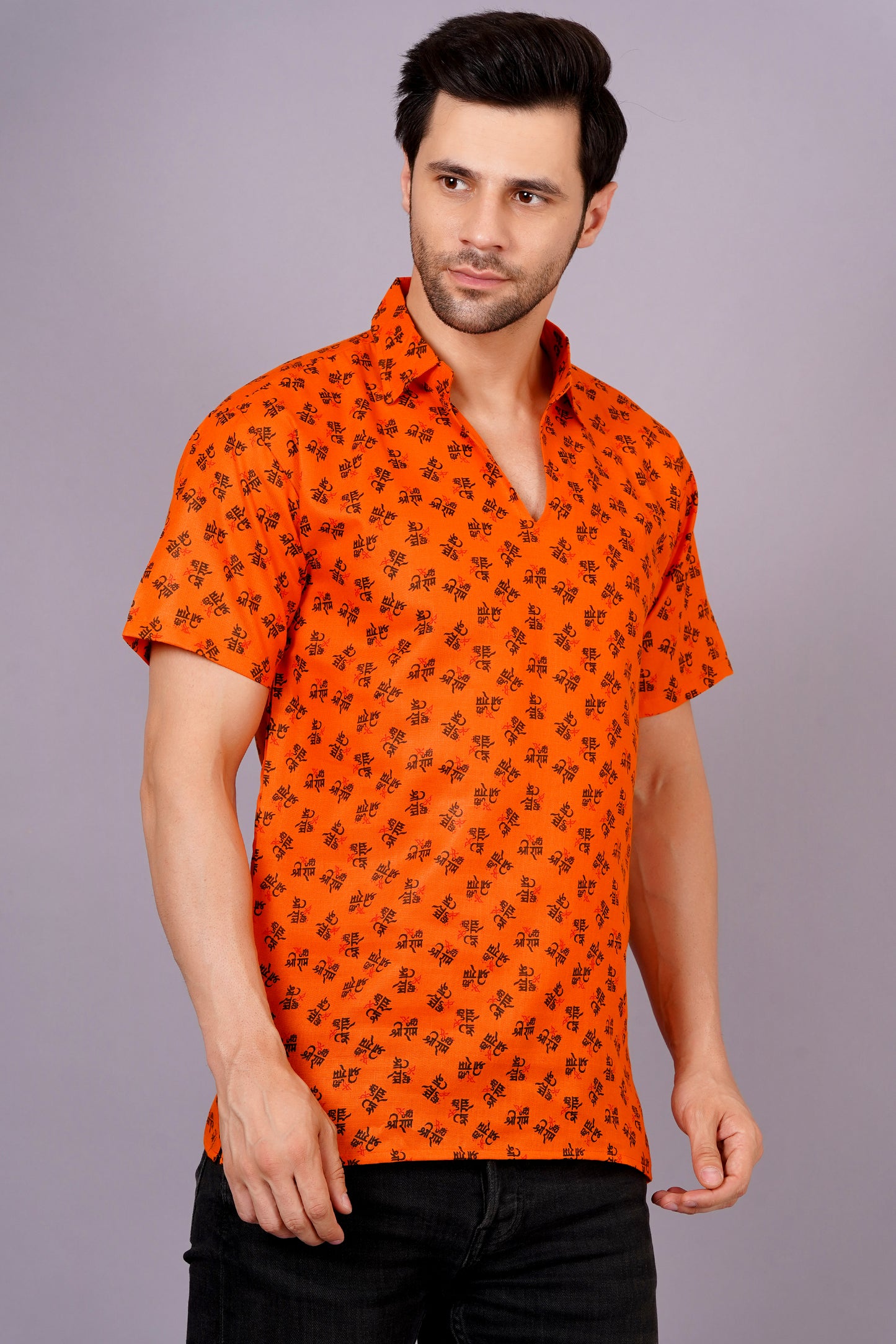 AXOLOTL Premium Jay Shree Ram Printed Cotton Blend Men Short Kurta