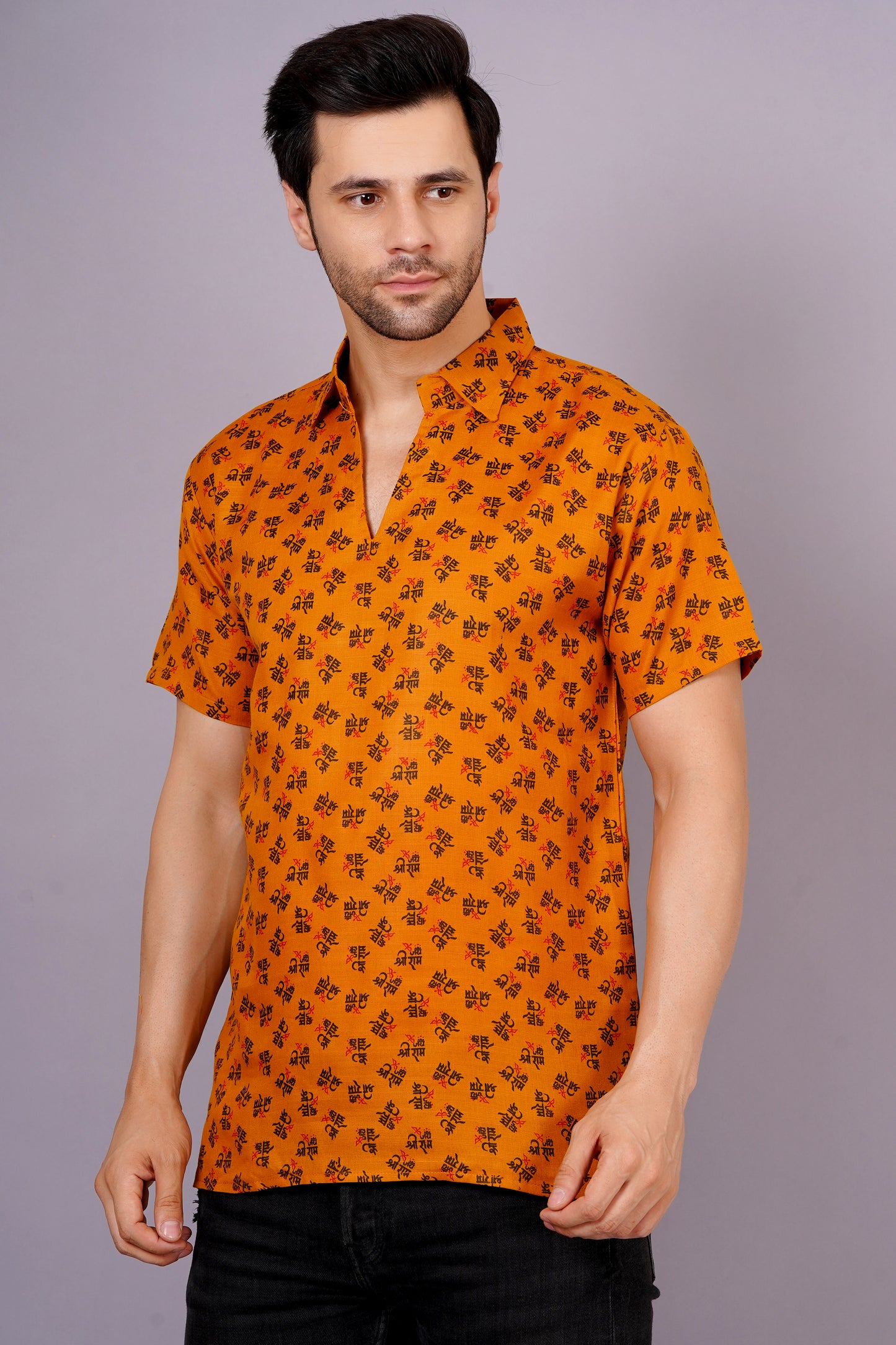 AXOLOTL Premium Jay Shree Ram Printed Cotton Blend Men Short Kurta