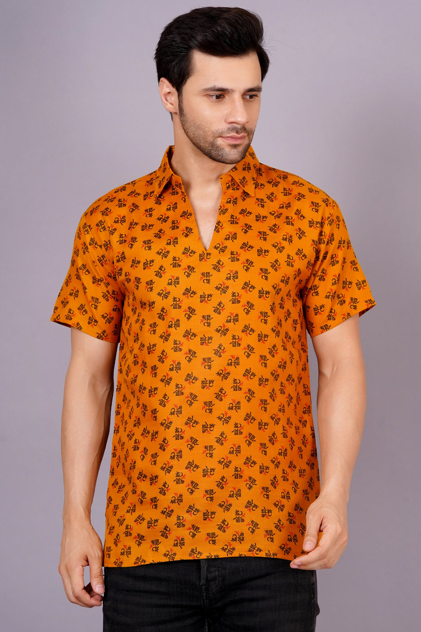 AXOLOTL Premium Jay Shree Ram Printed Cotton Blend Men Short Kurta