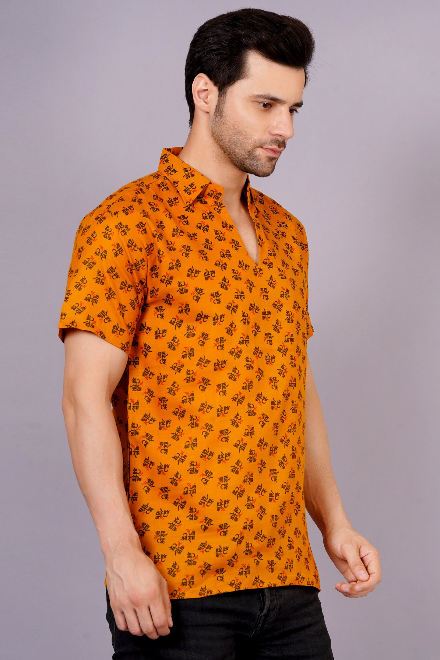 AXOLOTL Premium Jay Shree Ram Printed Cotton Blend Men Short Kurta