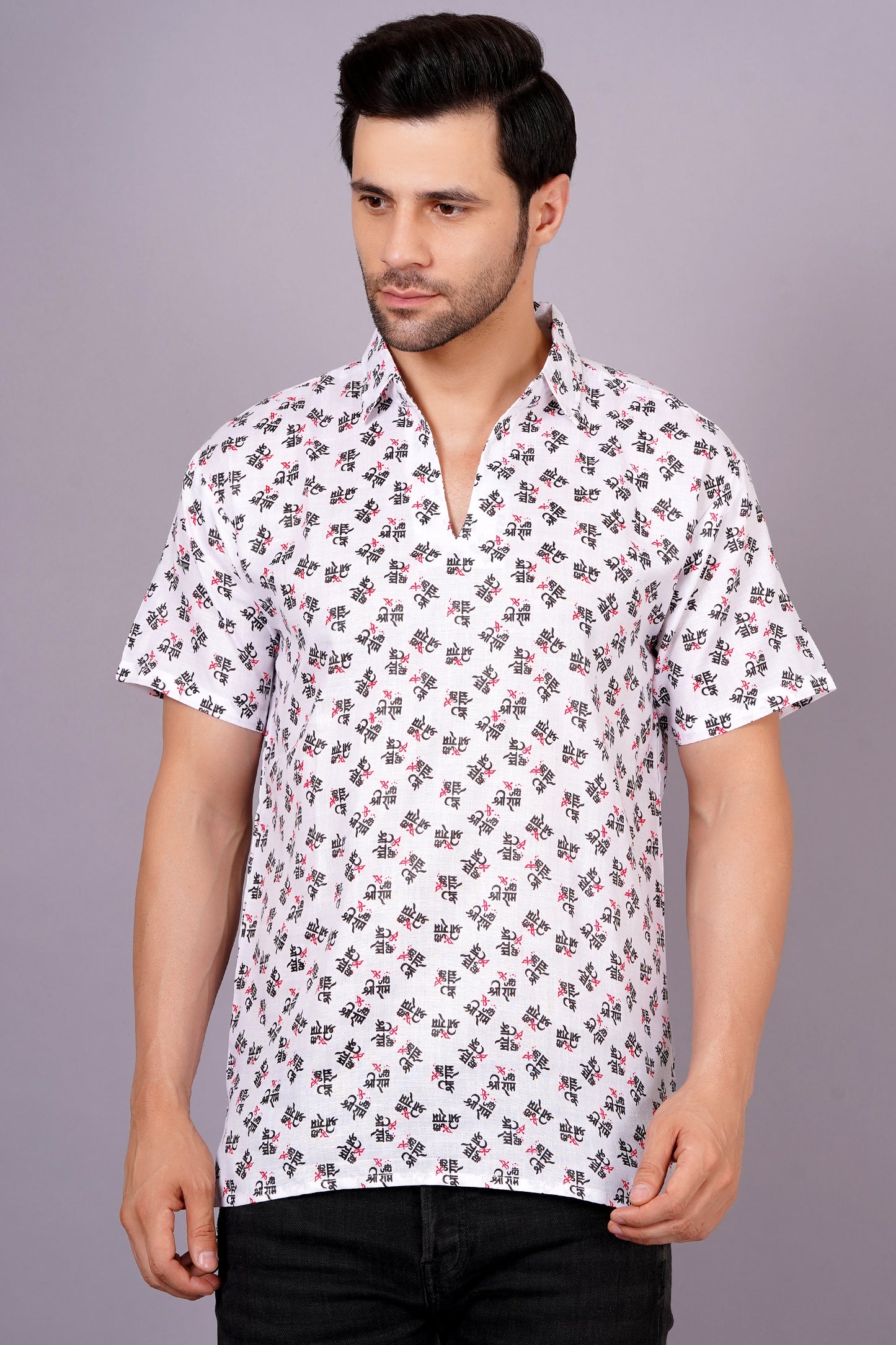 AXOLOTL Premium Jay Shree Ram Printed Cotton Blend Men Short Kurta