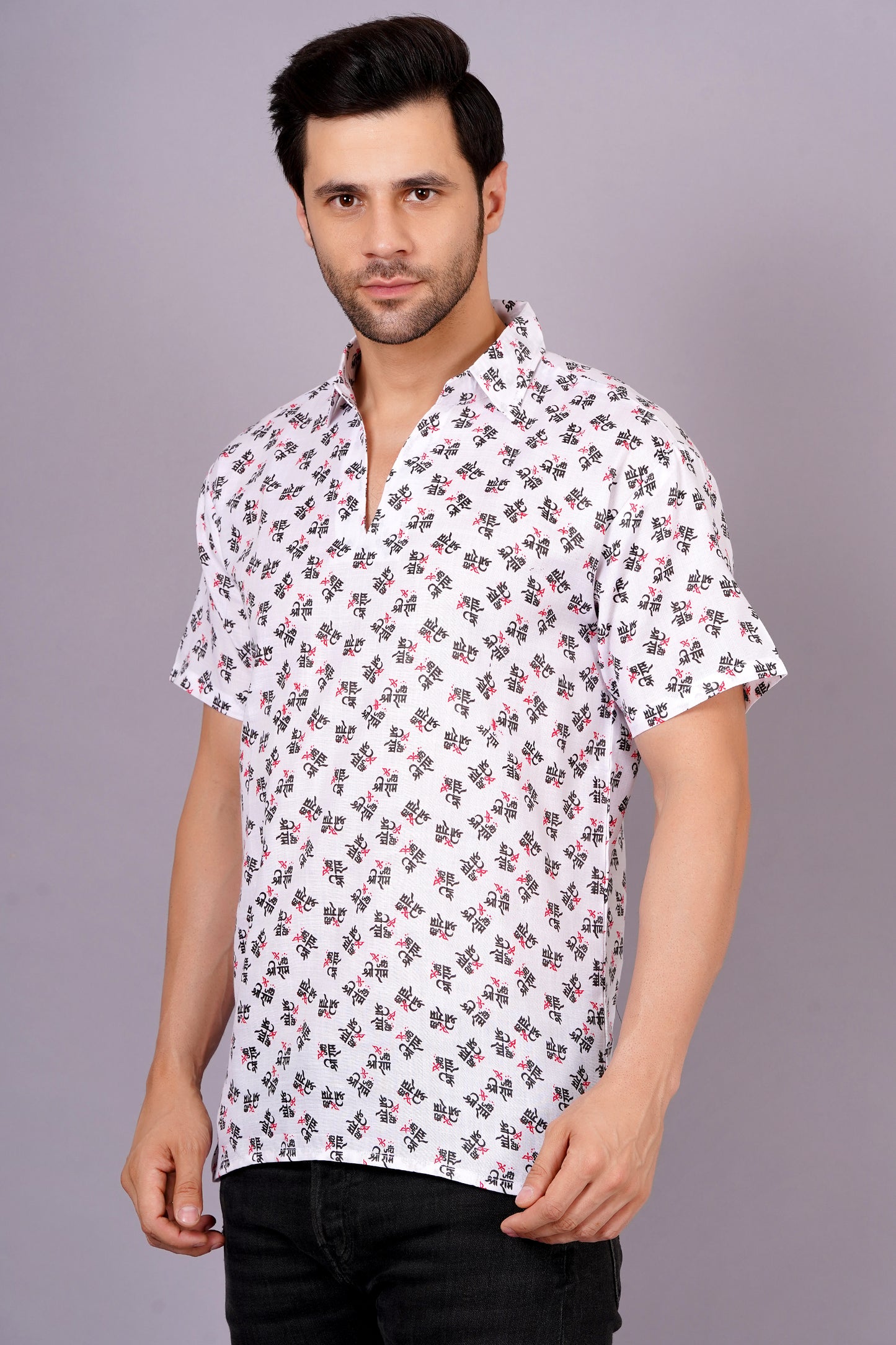 AXOLOTL Premium Jay Shree Ram Printed Cotton Blend Men Short Kurta