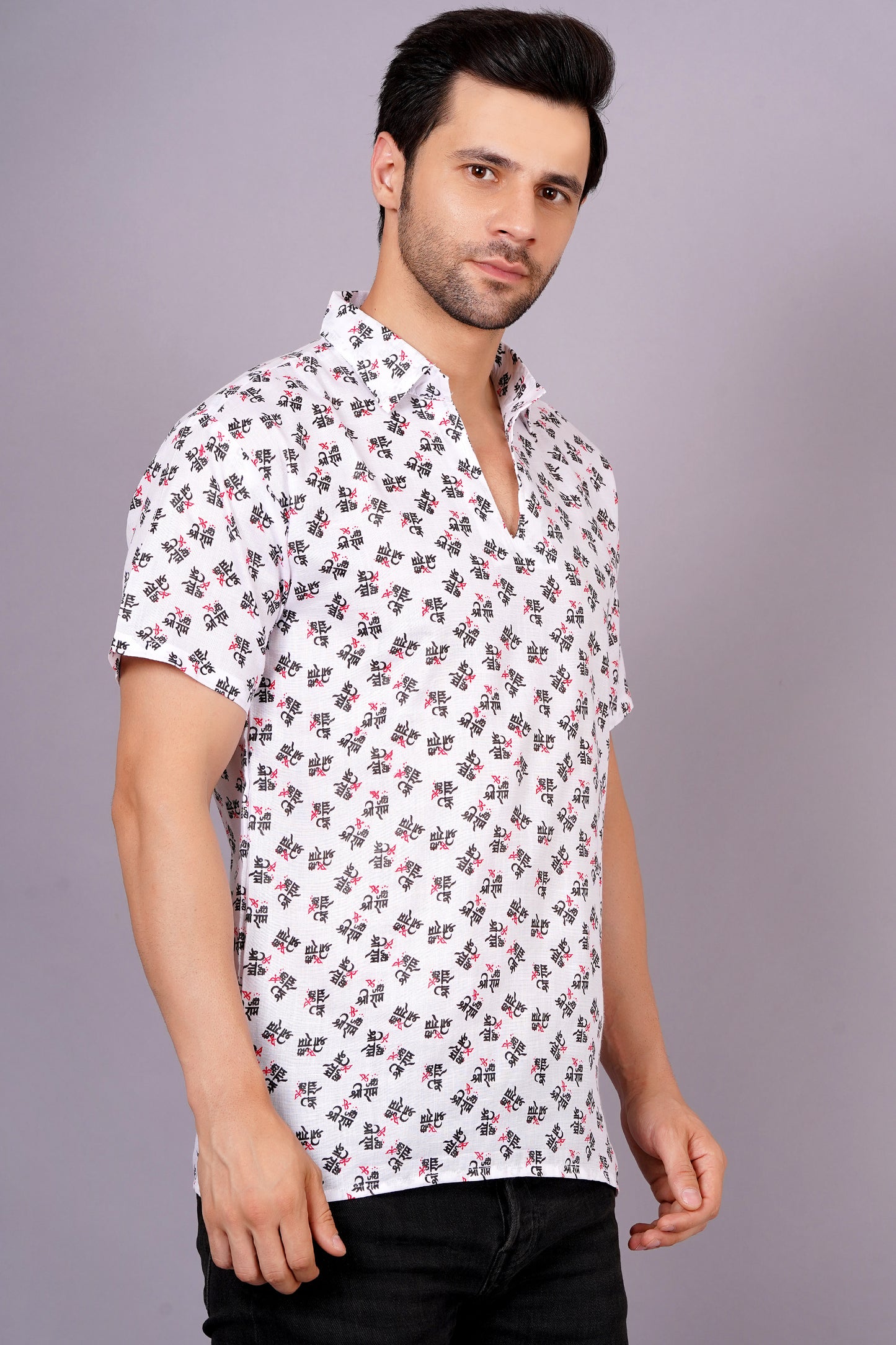 AXOLOTL Premium Jay Shree Ram Printed Cotton Blend Men Short Kurta