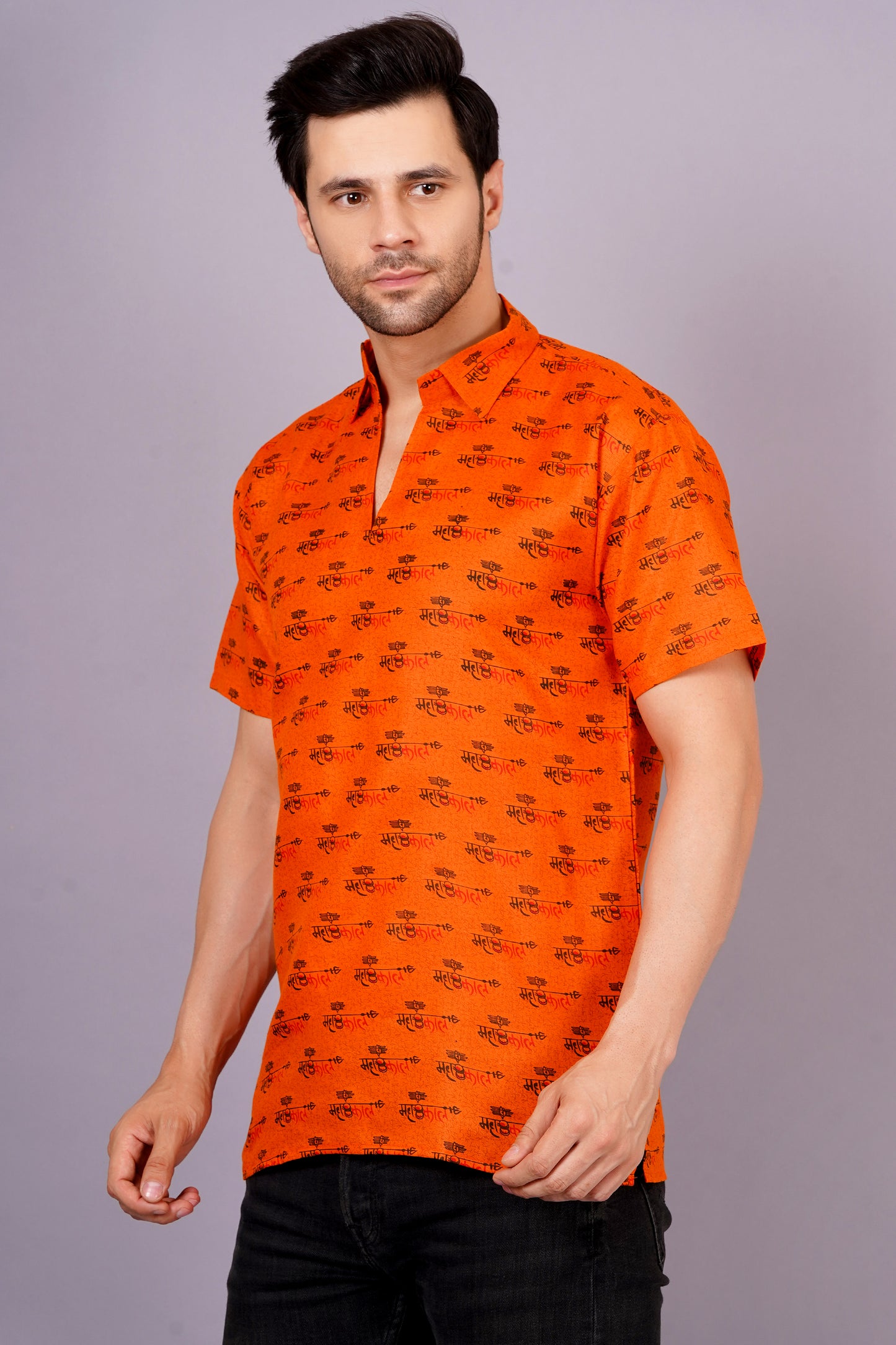 AXOLOTL Premium Lord Mahakaal Printed Cotton Blend Men Short Kurta