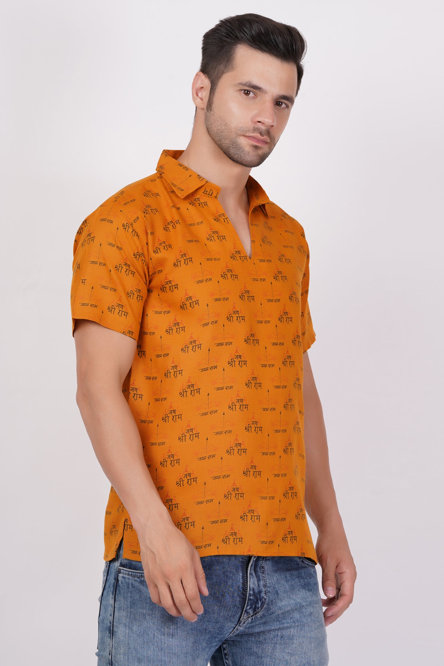 AXOLOTL Premium Jay Shree Ram Religious Print Cotton Blend Men Short Kurta