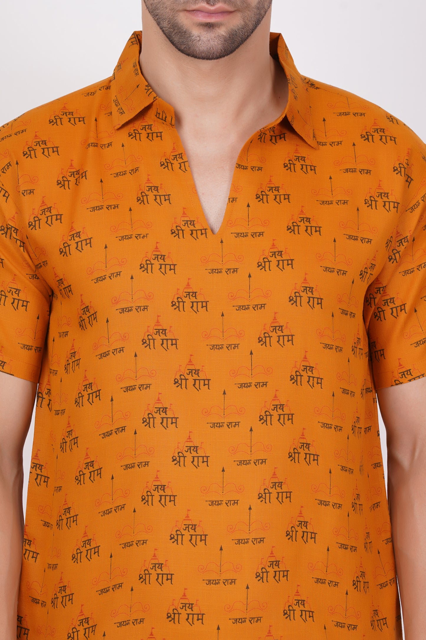 AXOLOTL Premium Jay Shree Ram Religious Print Cotton Blend Men Short Kurta