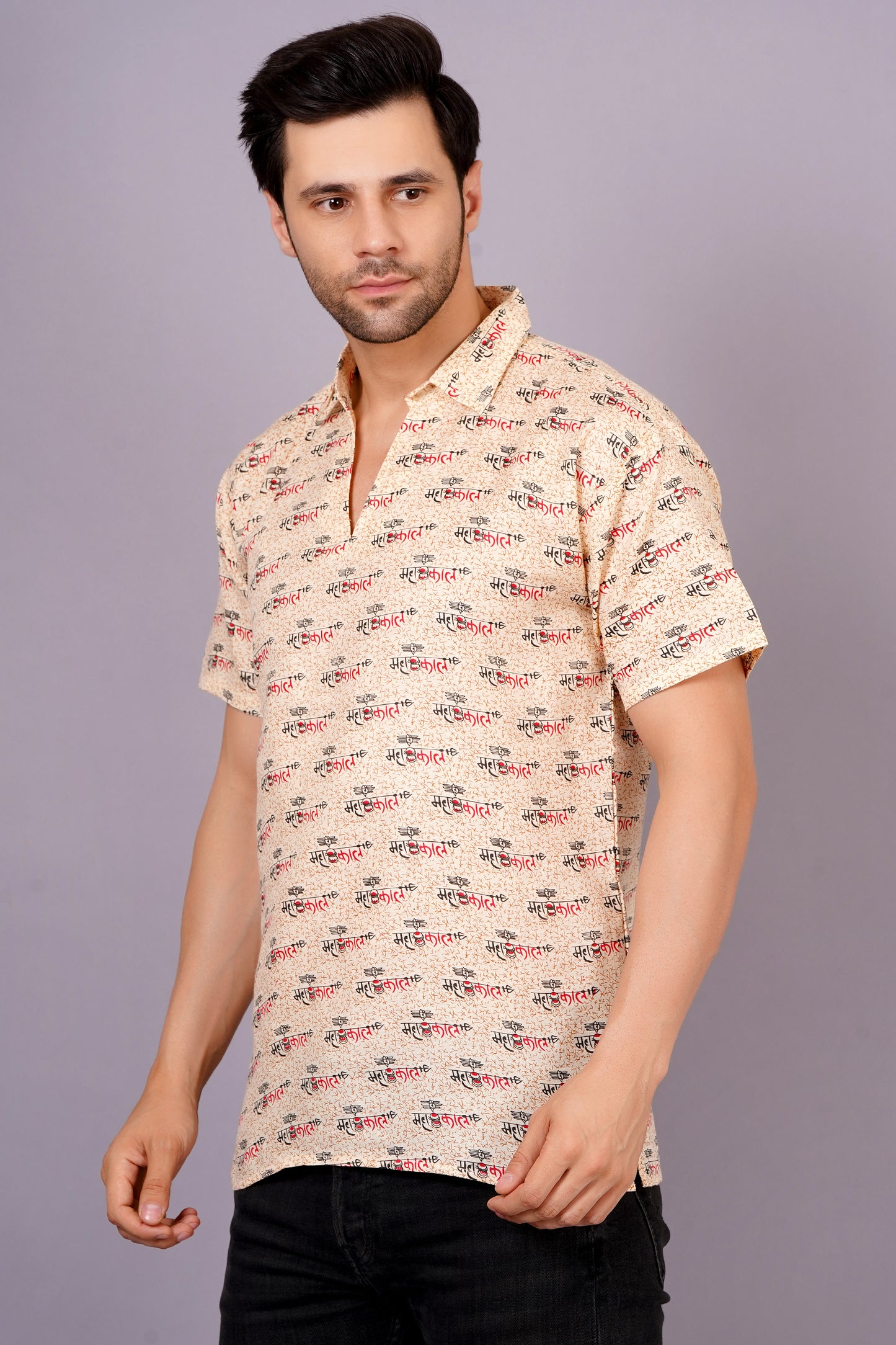 AXOLOTL Premium Lord Mahakaal Printed Cotton Blend Men Short Kurta