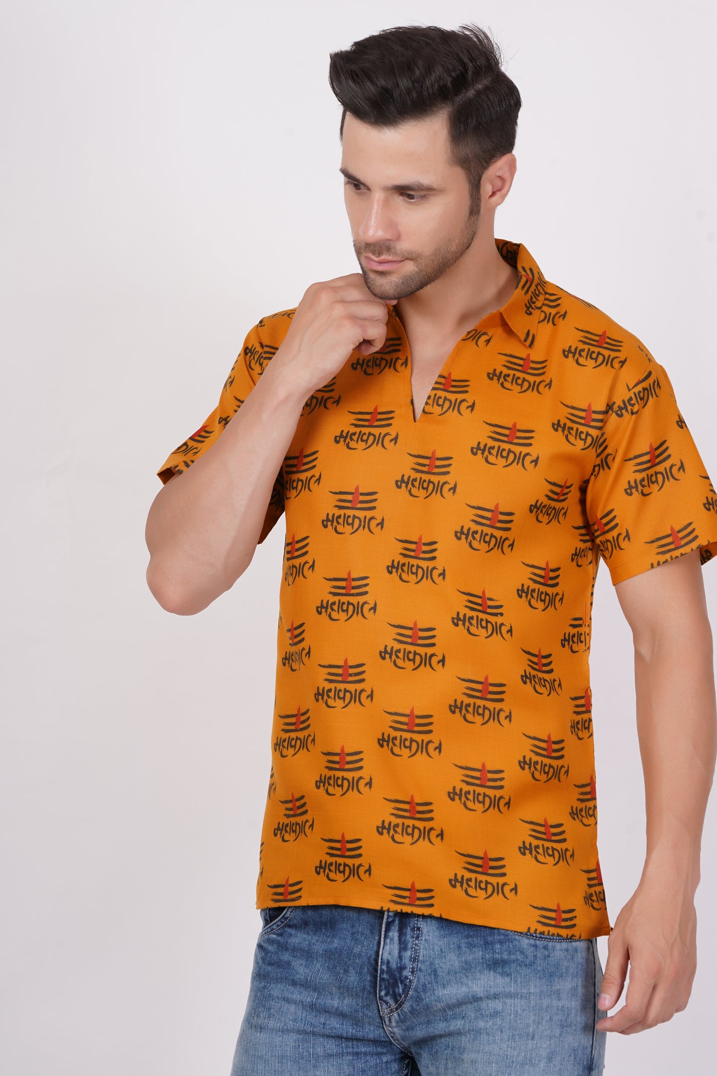 AXOLOTL Premium Lord Mahakaal Religious Print Cotton Blend Men Short Kurta