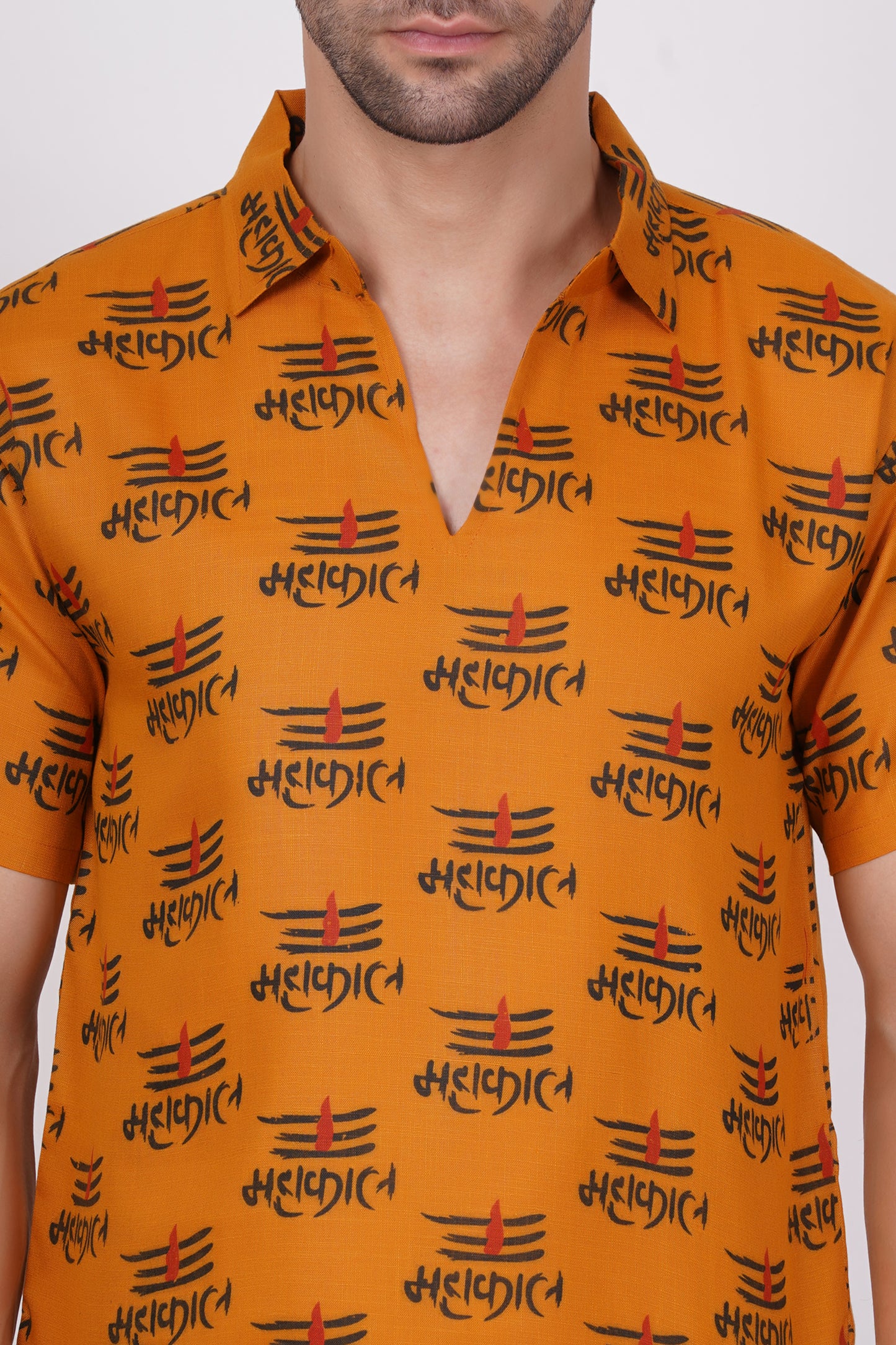 AXOLOTL Premium Lord Mahakaal Religious Print Cotton Blend Men Short Kurta