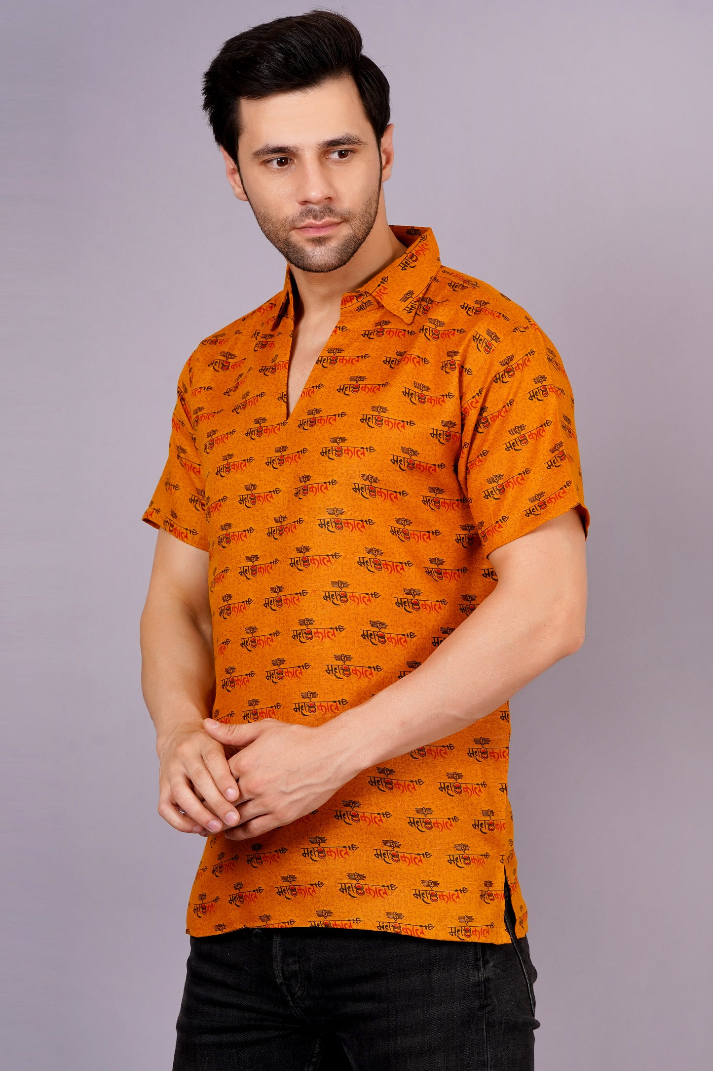 AXOLOTL Premium Lord Mahakaal Printed Cotton Blend Men Short Kurta