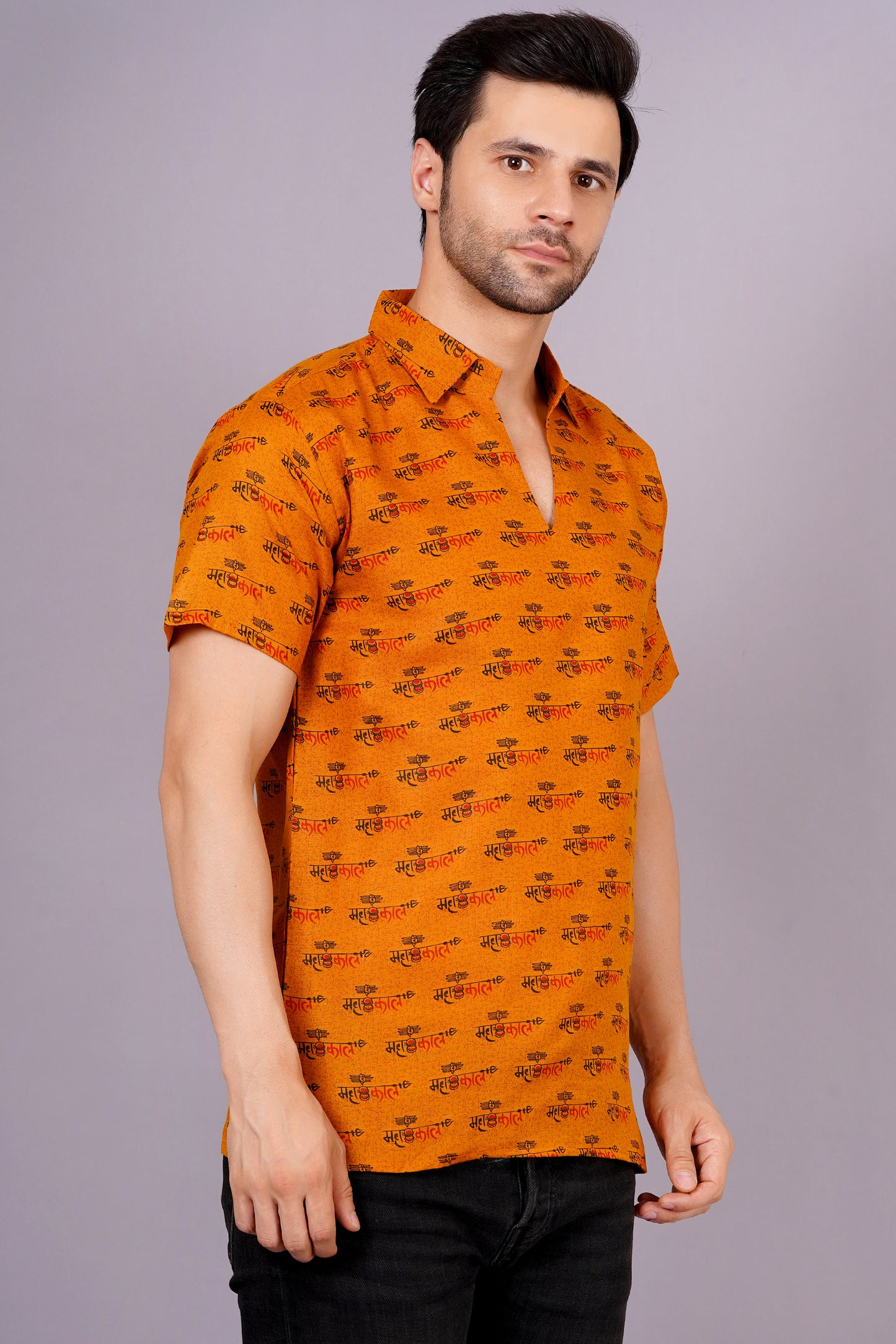 AXOLOTL Premium Lord Mahakaal Printed Cotton Blend Men Short Kurta