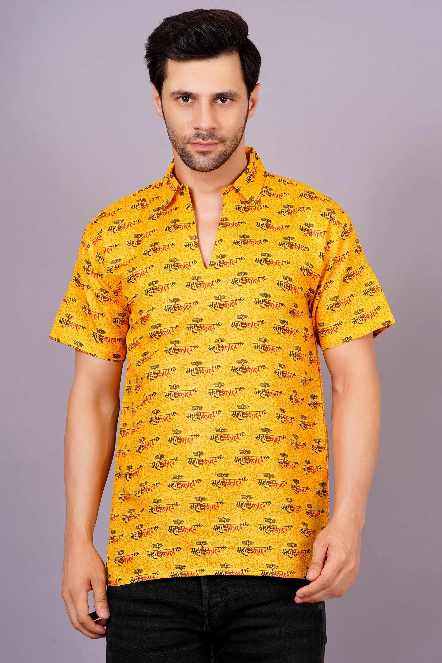 AXOLOTL Premium Lord Mahakaal Printed Cotton Blend Men Short Kurta