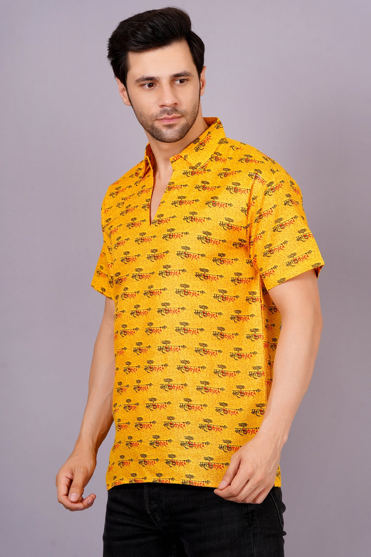 AXOLOTL Premium Lord Mahakaal Printed Cotton Blend Men Short Kurta