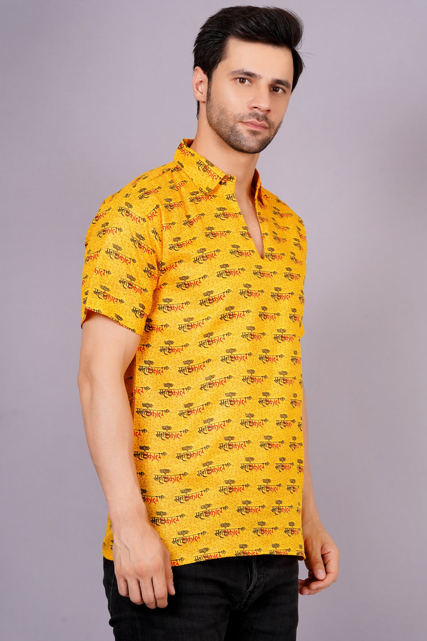 AXOLOTL Premium Lord Mahakaal Printed Cotton Blend Men Short Kurta