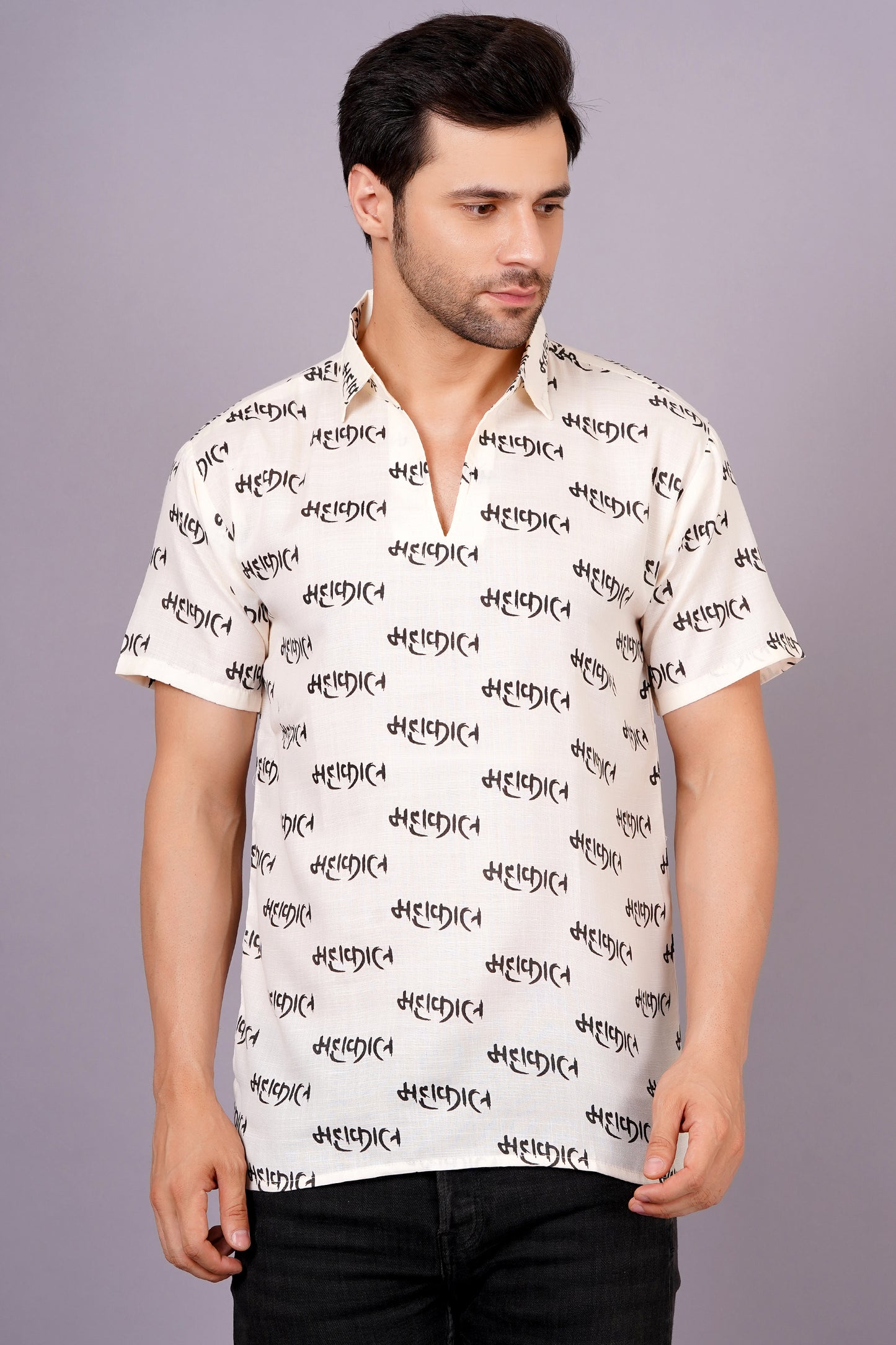 AXOLOTL Premium Lord Mahakaal Printed Cotton Blend Men Short Kurta