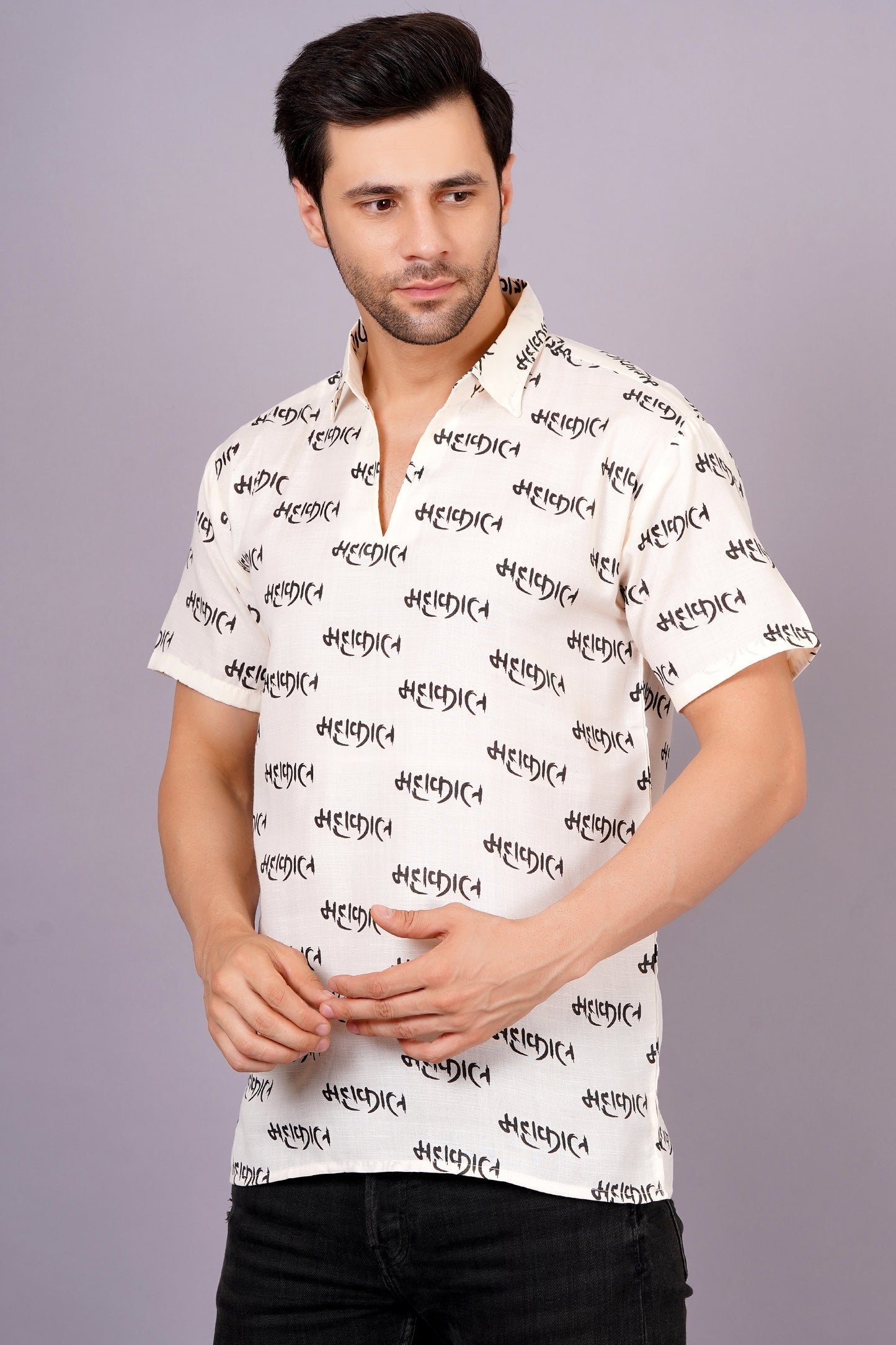 AXOLOTL Premium Lord Mahakaal Printed Cotton Blend Men Short Kurta