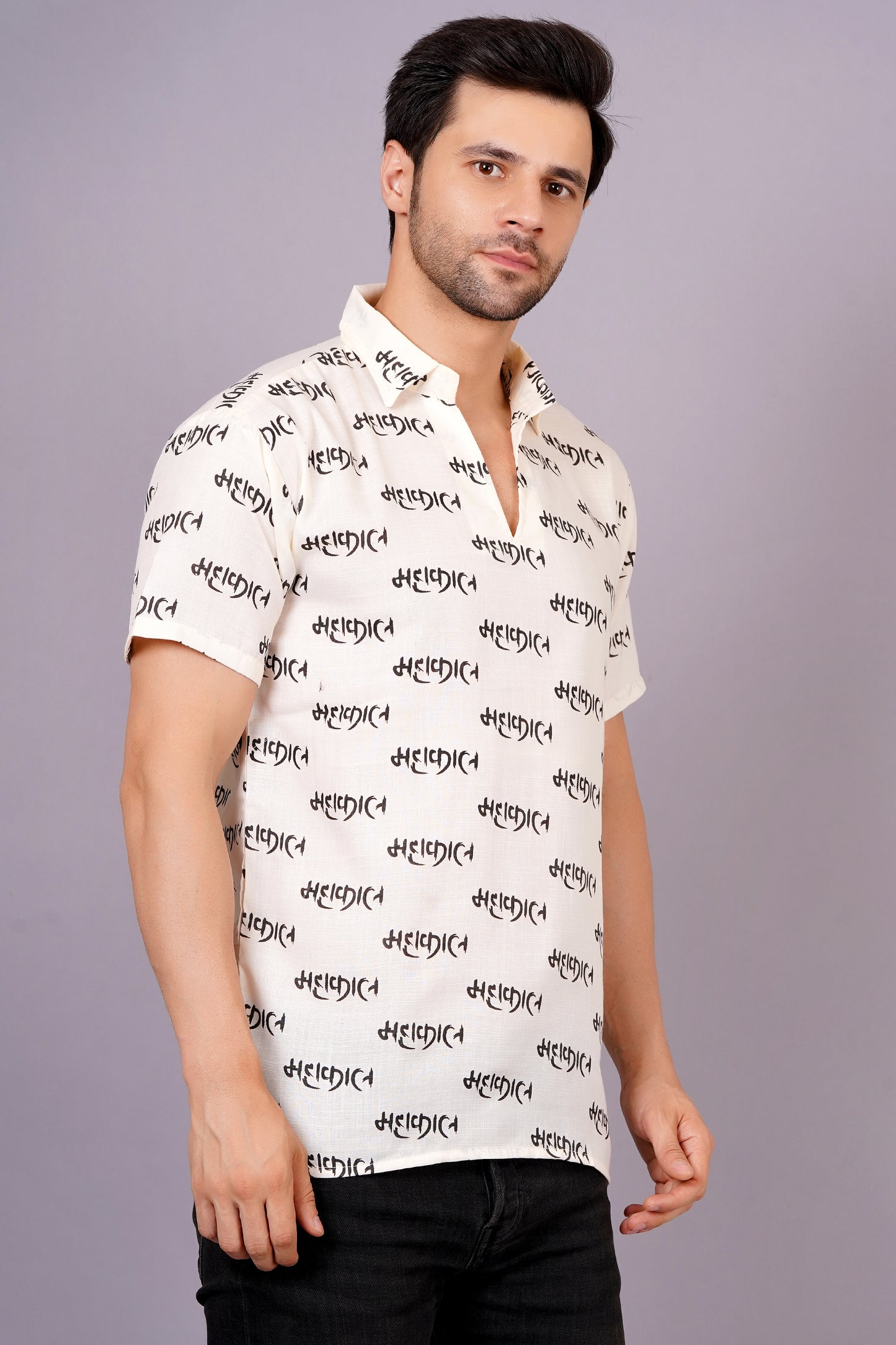 AXOLOTL Premium Lord Mahakaal Printed Cotton Blend Men Short Kurta