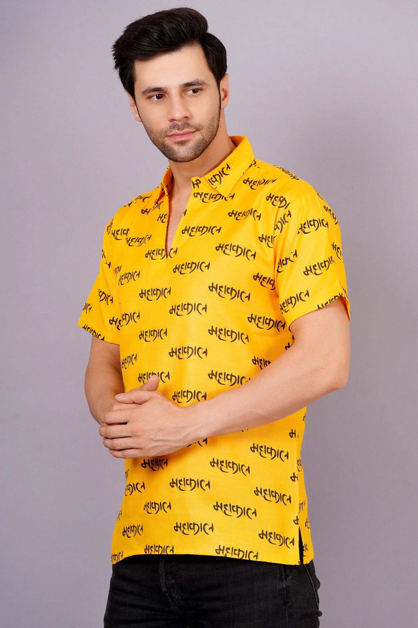 AXOLOTL Premium Lord Mahakaal Printed Cotton Blend Men Short Kurta