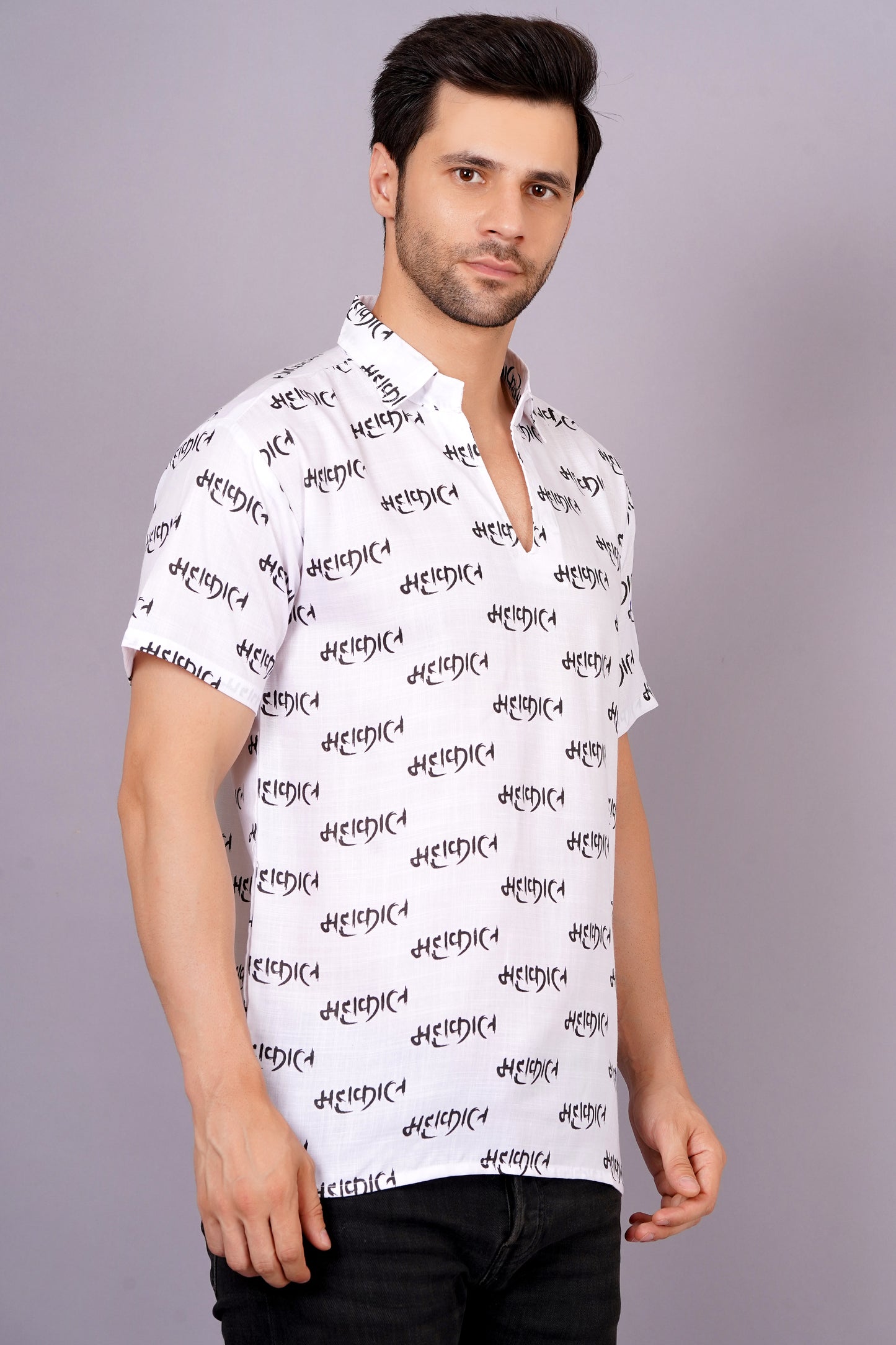 AXOLOTL Premium Lord Mahakaal Printed Cotton Blend Men Short Kurta